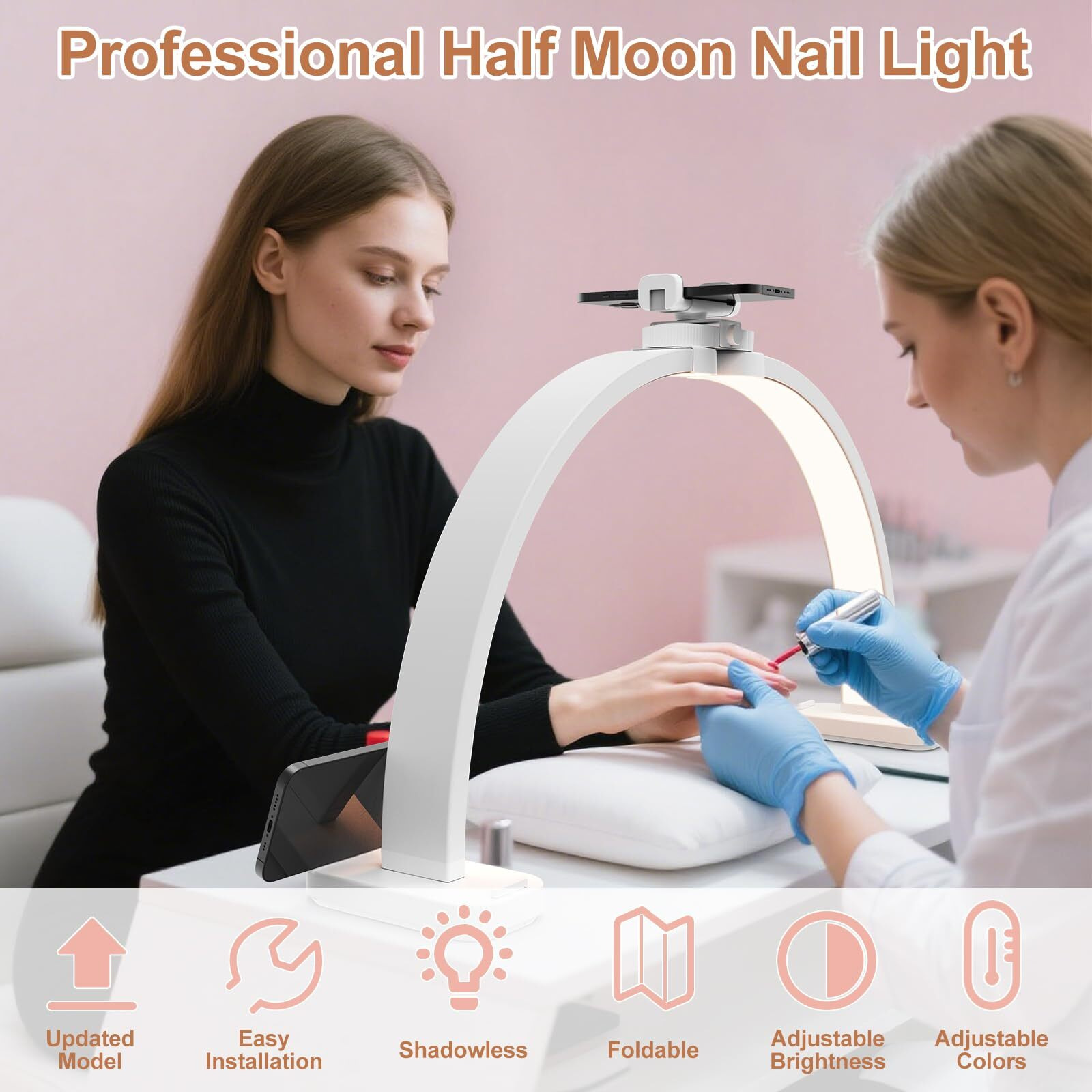 Tonyful Half Moon Light For Nail Desk, 45W Nail Tech Light With Phone Holder, Foldable Arch Lamp With Stepless Dimming & Color Temperature, Led Desk Lamp For Tattoos, Eyebrows, Beauty