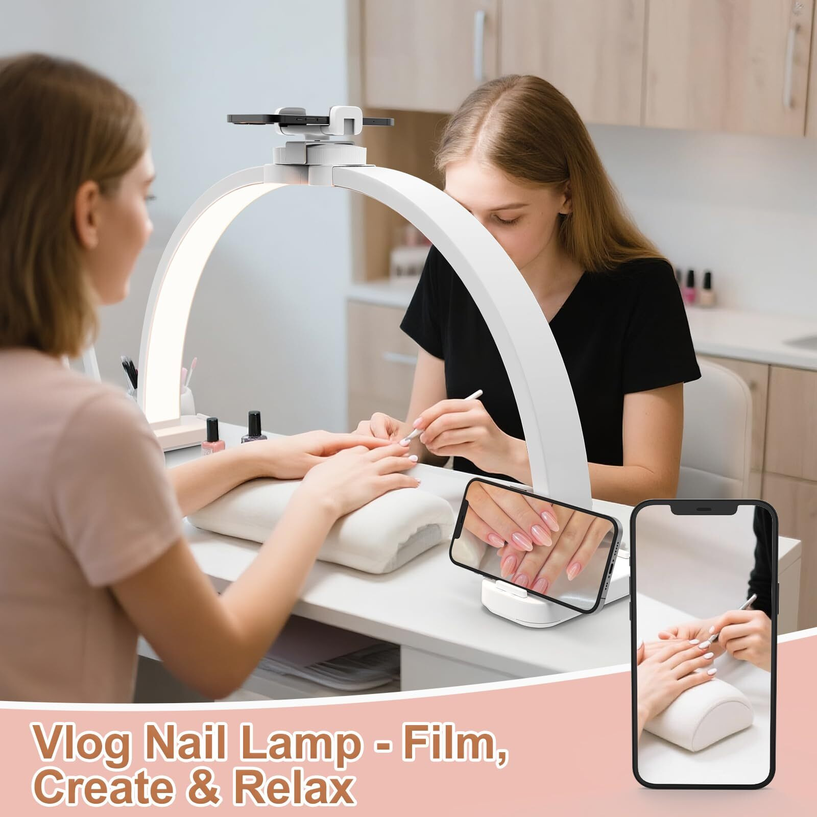 Tonyful Half Moon Light For Nail Desk, 45W Nail Tech Light With Phone Holder, Foldable Arch Lamp With Stepless Dimming & Color Temperature, Led Desk Lamp For Tattoos, Eyebrows, Beauty