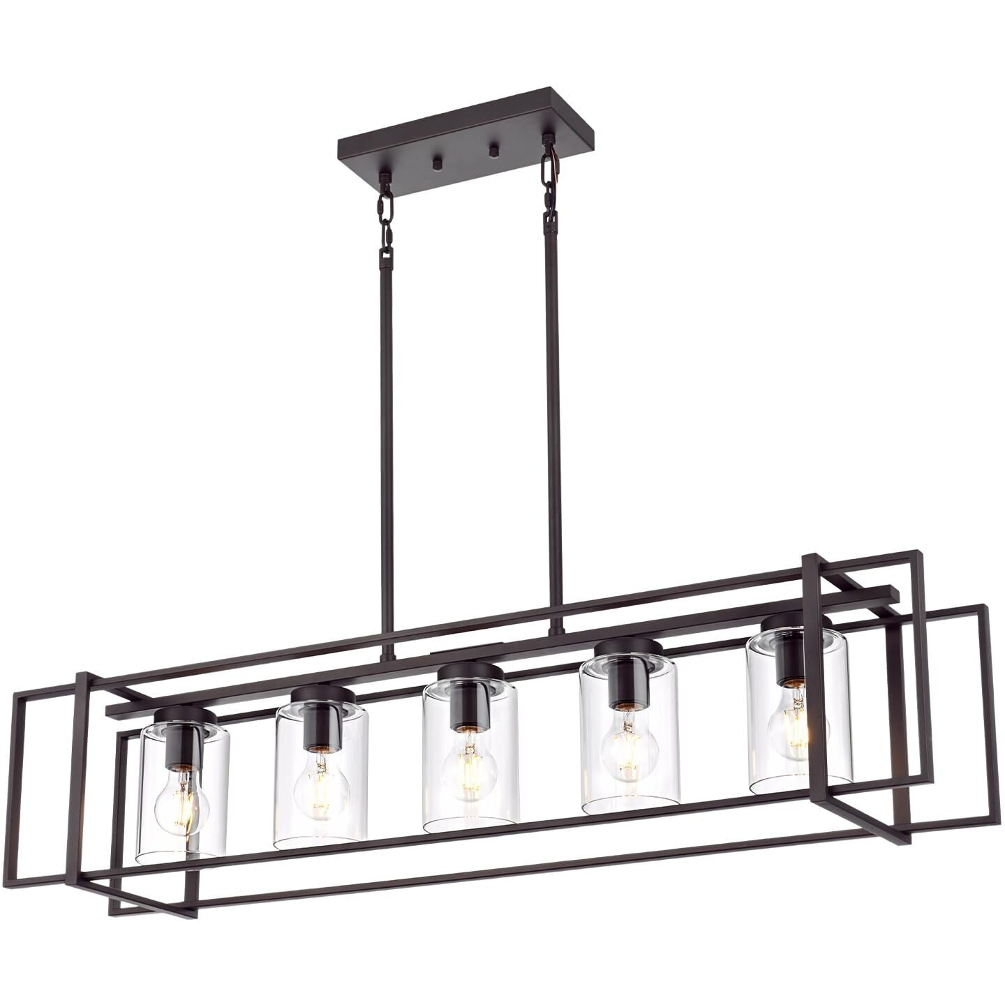 Lucidce Oil Rubbed Bronze Kitchen Island Light Industrial Adjustable Pendant Lighting Open Rectangular Frame Design, 5-Light Vintage Fixture With Transparent Glass Shades