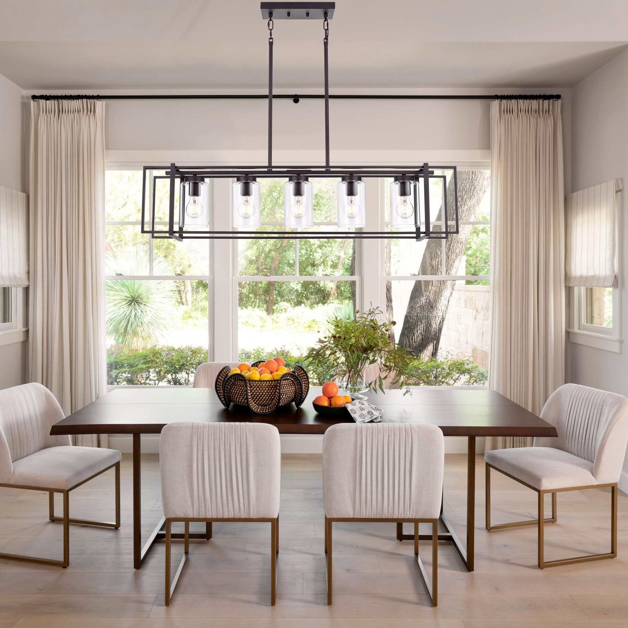 Lucidce Oil Rubbed Bronze Kitchen Island Light Industrial Adjustable Pendant Lighting Open Rectangular Frame Design, 5-Light Vintage Fixture With Transparent Glass Shades