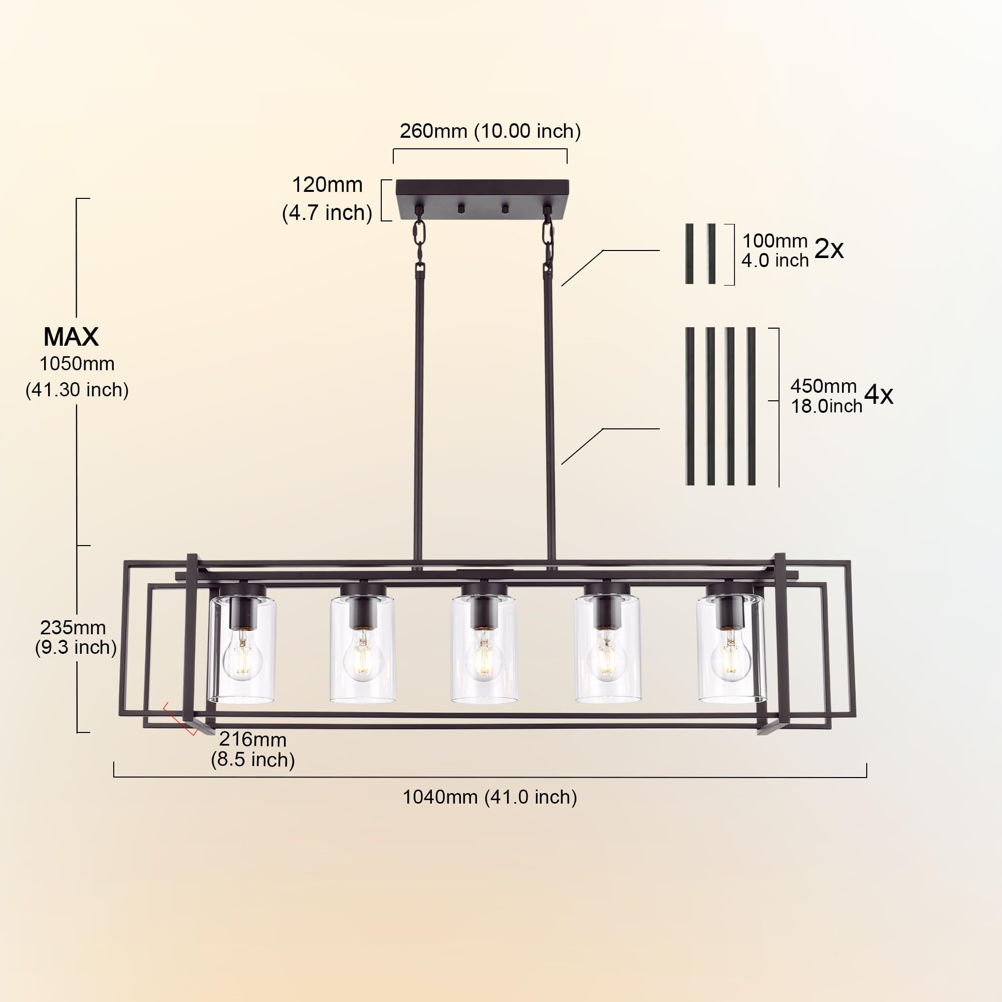 Lucidce Oil Rubbed Bronze Kitchen Island Light Industrial Adjustable Pendant Lighting Open Rectangular Frame Design, 5-Light Vintage Fixture With Transparent Glass Shades