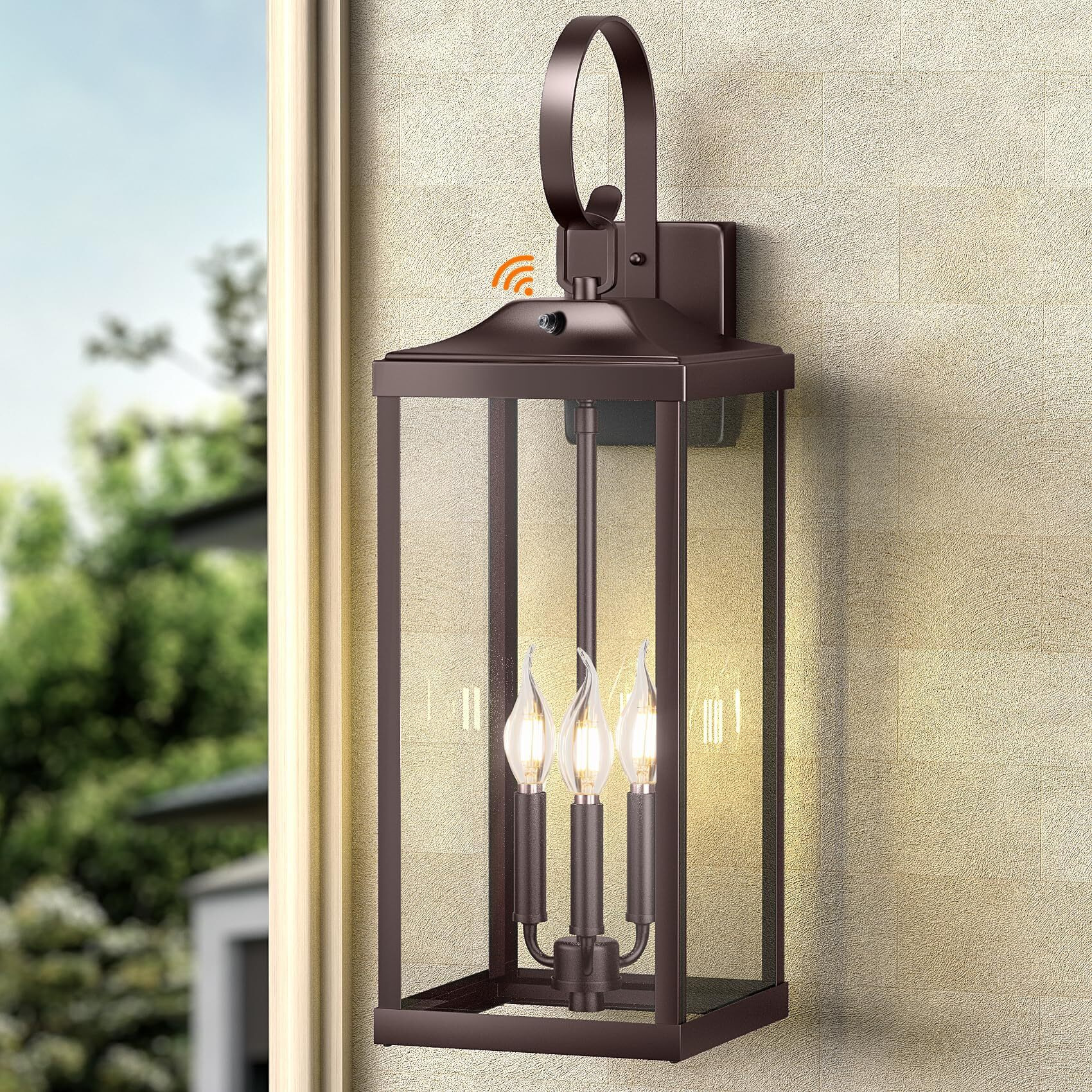 Yolsunes 24"" Extra Large Dusk To Dawn Outdoor Wall Light, Oil Rubbed Bronze 3-Light Waterproof Exterior Wall Mount Porch Lantern, Modern Outside Wall Sconce Coach Light Brown, E12, 1-Pack