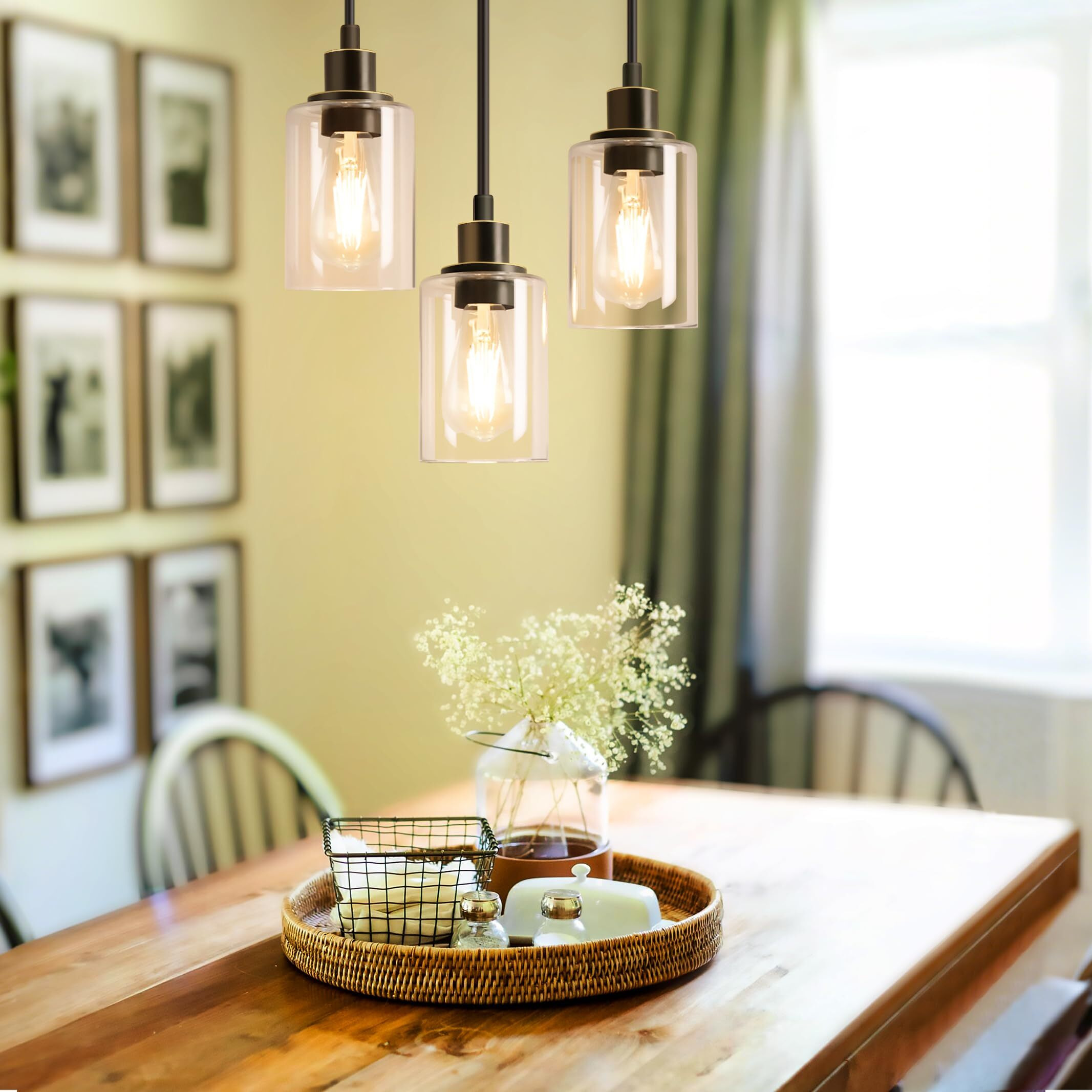 Maxvolador Industrial 3-Light Pendant Light, Adjustable Hanging Light Fixture With Clear Glass Shade, Pendant Lighting E26 Base Ceiling Lamp, Oil-Rubbed Bronze