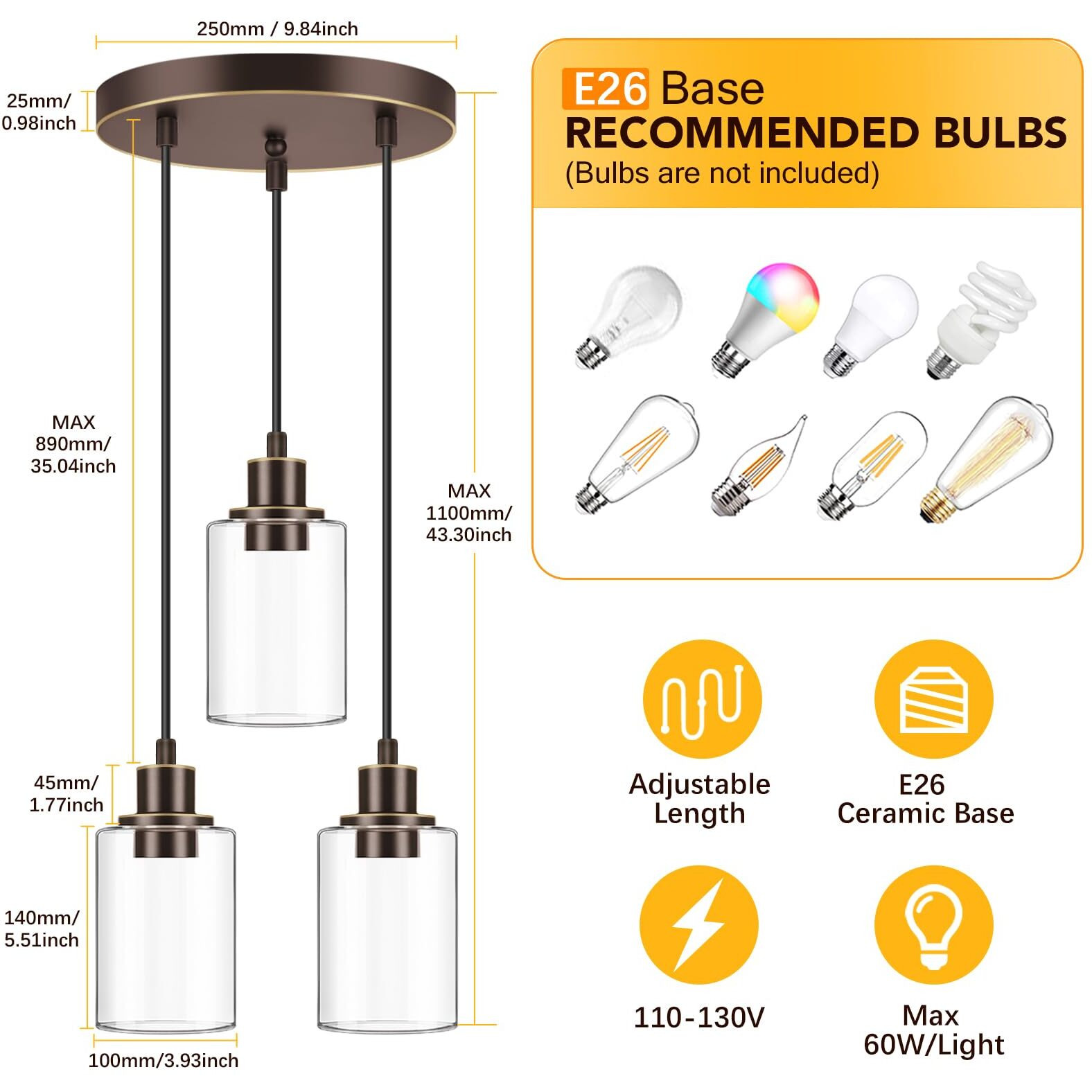 Maxvolador Industrial 3-Light Pendant Light, Adjustable Hanging Light Fixture With Clear Glass Shade, Pendant Lighting E26 Base Ceiling Lamp, Oil-Rubbed Bronze