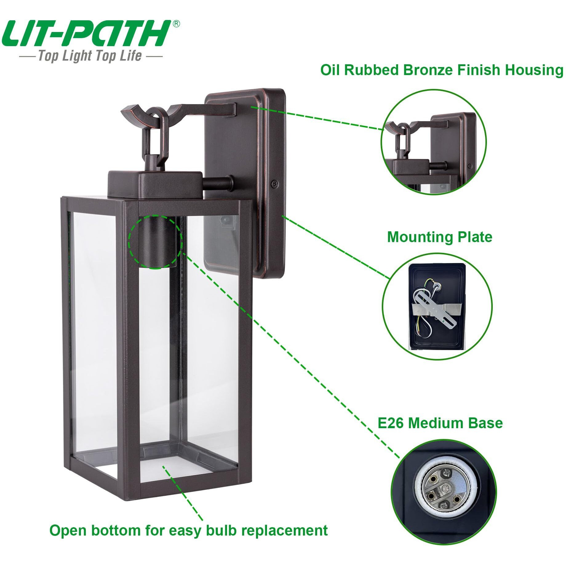 Lit-Path Outdoor Wall Lantern, Wall Sconce As Porch Lighting Fixture, E26 Medium Base Max 60W, Anti-Rust Metal With Glass Shade, Oil Rubbed Bronze Finish, 1-Pack
