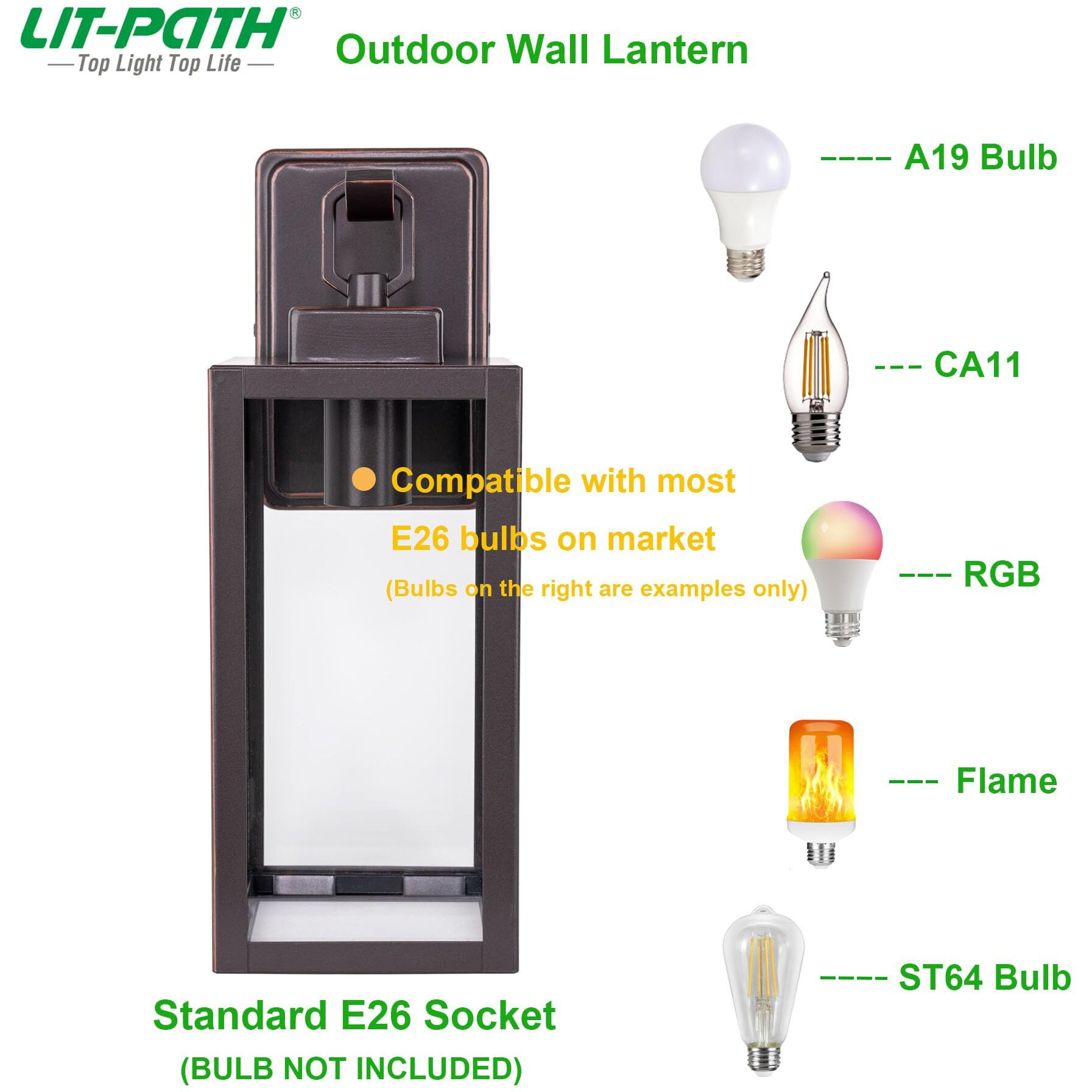 Lit-Path Outdoor Wall Lantern, Wall Sconce As Porch Lighting Fixture, E26 Medium Base Max 60W, Anti-Rust Metal With Glass Shade, Oil Rubbed Bronze Finish, 1-Pack