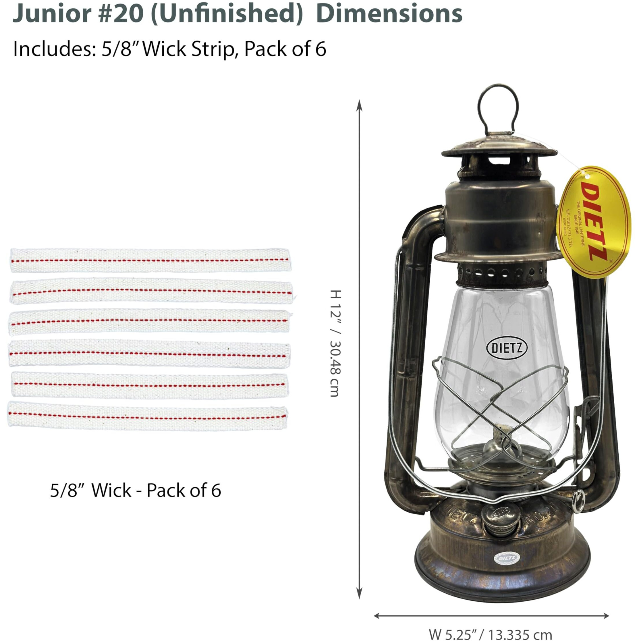 Light Of Mine - Dietz 20 Junior Unfinished Oil Lantern With 100% Cotton 5/8"" Replacement Wick Strips (Unfinished)