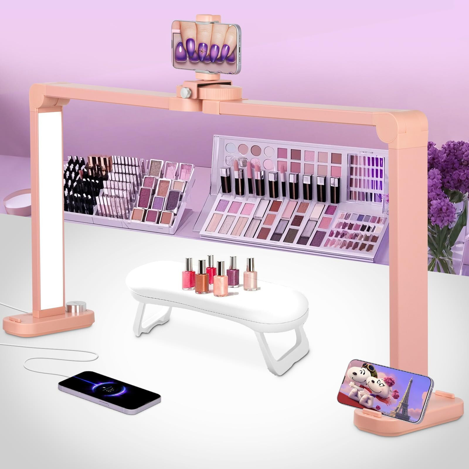 Hitti 2025 New Nail Light For Desk, 34 In Large Foldable Nail Tech Lamp With Phone Holder, Half Moon Table Light For Manicure/Lash Eyelash Extension/Tattoo/Beauty, Dimmable Brightness And Color-Pink
