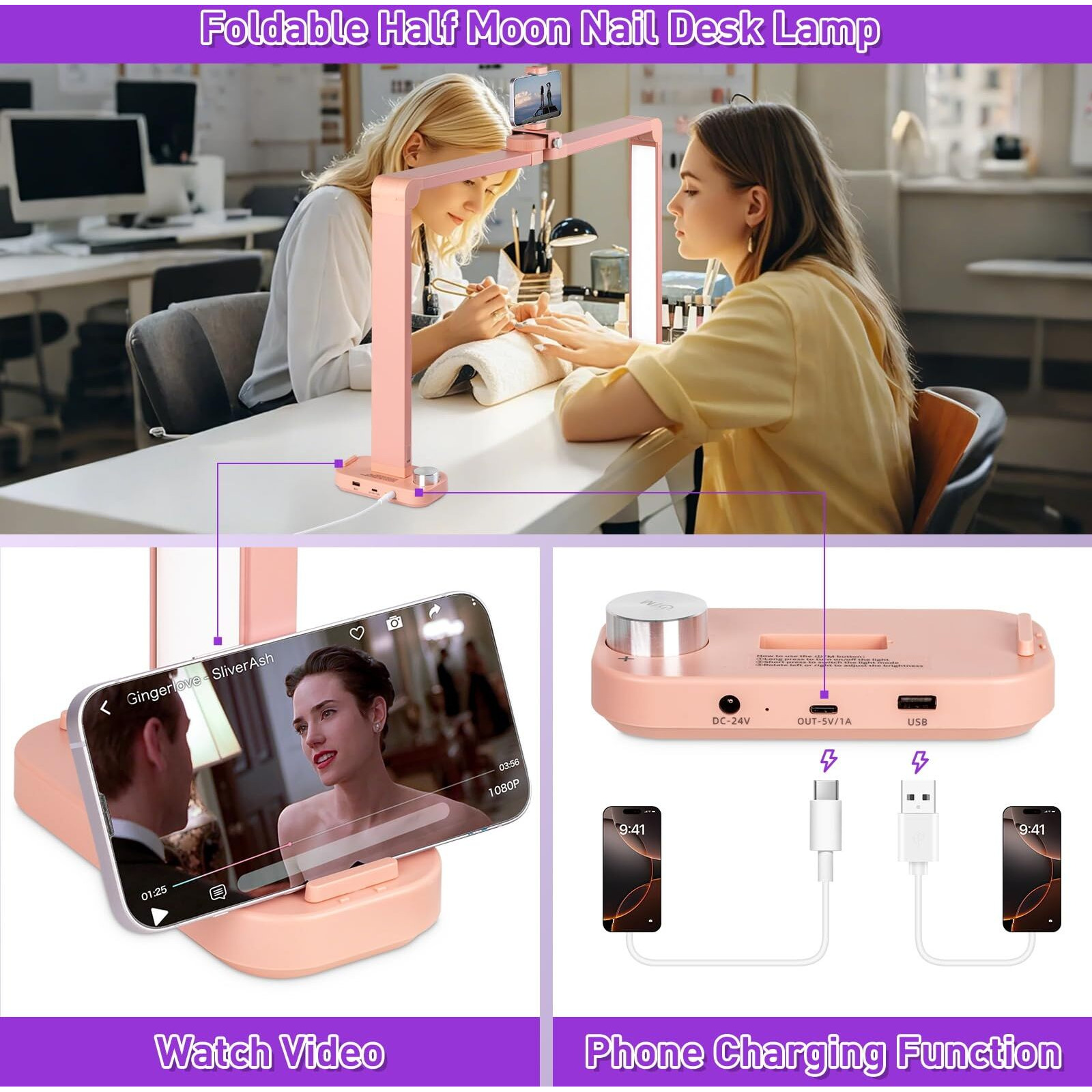 Hitti 2025 New Nail Light For Desk, 34 In Large Foldable Nail Tech Lamp With Phone Holder, Half Moon Table Light For Manicure/Lash Eyelash Extension/Tattoo/Beauty, Dimmable Brightness And Color-Pink