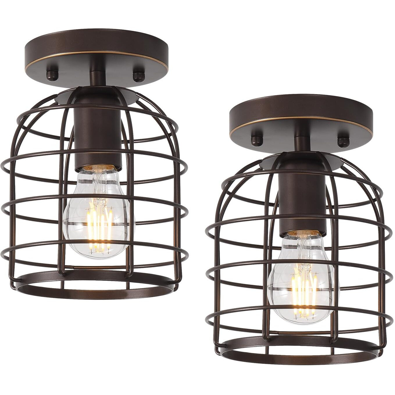 Create For Life Industrial Vintage Flush Mount Ceiling Light,Rustic Metal Cage Semi Flush Mount Ceiling Lamp Fixture For Hallway Stairway Kitchen Garage, E26, Oil Rubbed Bronze Finish,2 Pack