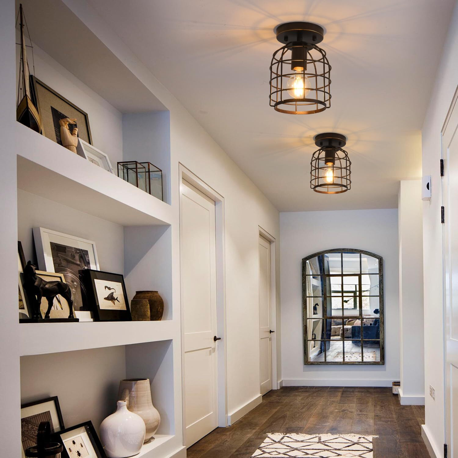 Create For Life Industrial Vintage Flush Mount Ceiling Light,Rustic Metal Cage Semi Flush Mount Ceiling Lamp Fixture For Hallway Stairway Kitchen Garage, E26, Oil Rubbed Bronze Finish,2 Pack