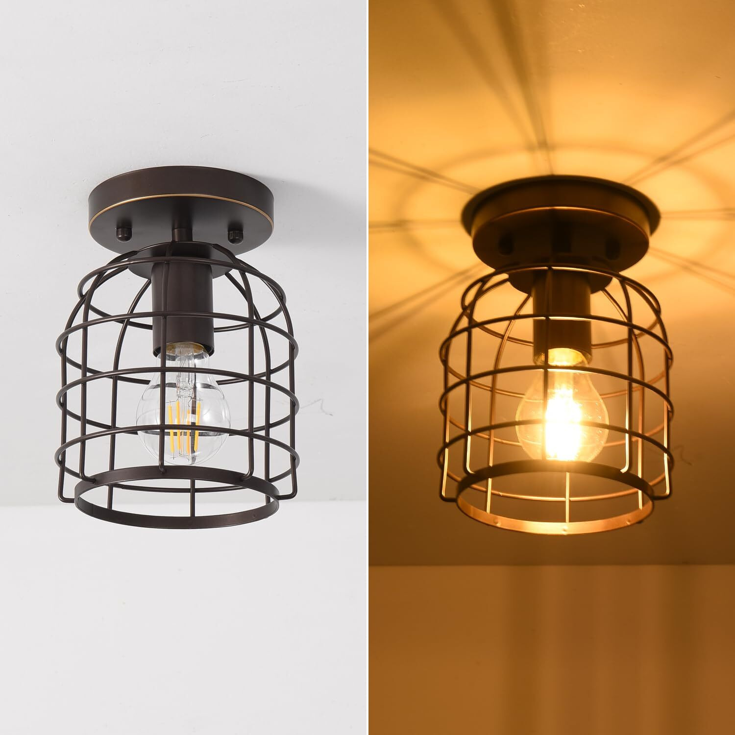Create For Life Industrial Vintage Flush Mount Ceiling Light,Rustic Metal Cage Semi Flush Mount Ceiling Lamp Fixture For Hallway Stairway Kitchen Garage, E26, Oil Rubbed Bronze Finish,2 Pack