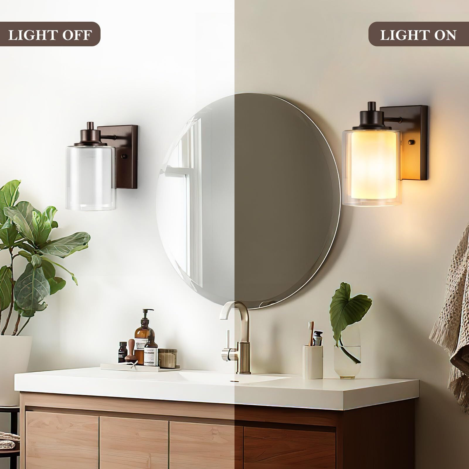 Eietonte 2 Pack Bath Vanity Light Fixtures 1-Light, Indoor Oil Rubbed Bronze Wall Light With Dual Glass Shade, Farmhouse Bathroom Wall Scone, Vintage E26 Bese Wall Mount Lighting