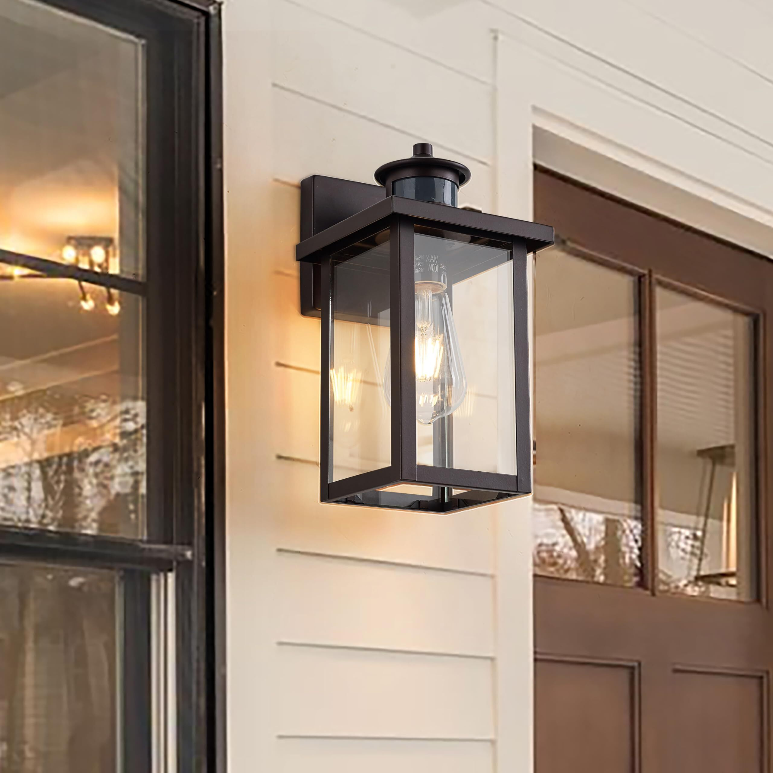 Acland Oil Rubbed Bronze Motion Sensor Outdoor Wall Light Fixture, Dusk To Dawn Exterior Light Sconce With Clear Water Glass, Outside Light For House Entryway Porch