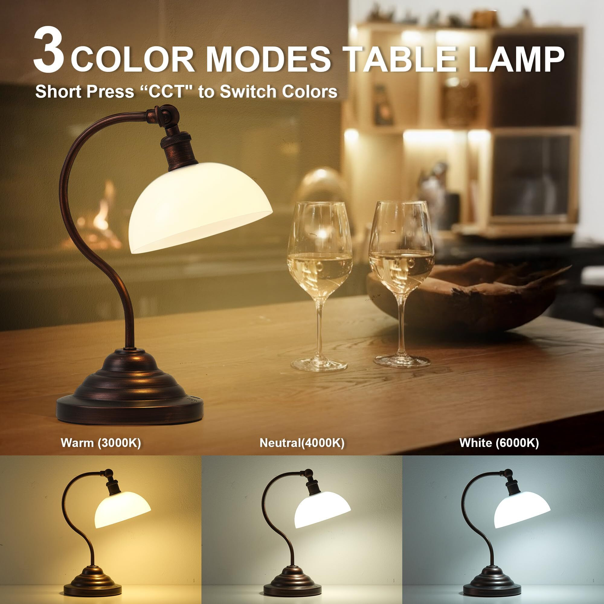 Kartoosh Cordless Led Table Lamp, 180 Swing Arm Desk Lamp, Rechargeable, Dimmable/3 Color/Memory Function, Vintage Rechargeable Table Light For Living Room,Bedroom,Bedside, Oil Rubbed Bronze