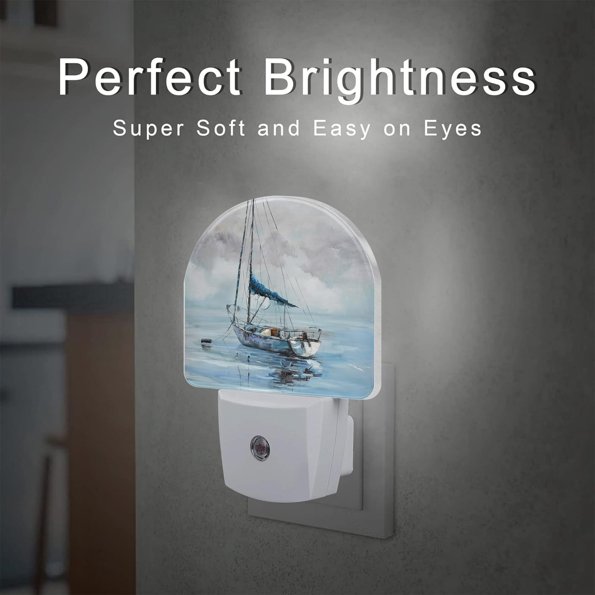 Sndheke Blue Sailboat In Harbor Night Light Plug Into Wall, Boat Ocean Oil Painting Dusk To Dawn Night Light Plug In,0.5W Energy Saving Sleep Friendly Nightlight For Kids Boys Girls Home Decor