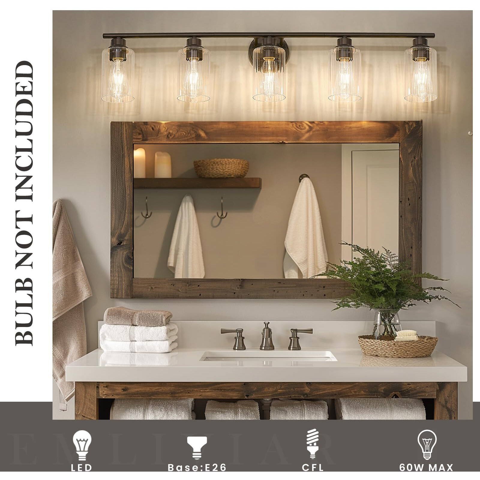 Emliviar Rustic Vanity Light Fixture With Fluted Ripple Glass, 5-Light Bathroom Lights Over Mirror 40 Inch, Oil Rubbed Bronze Finish, Ye295B-5W Orb