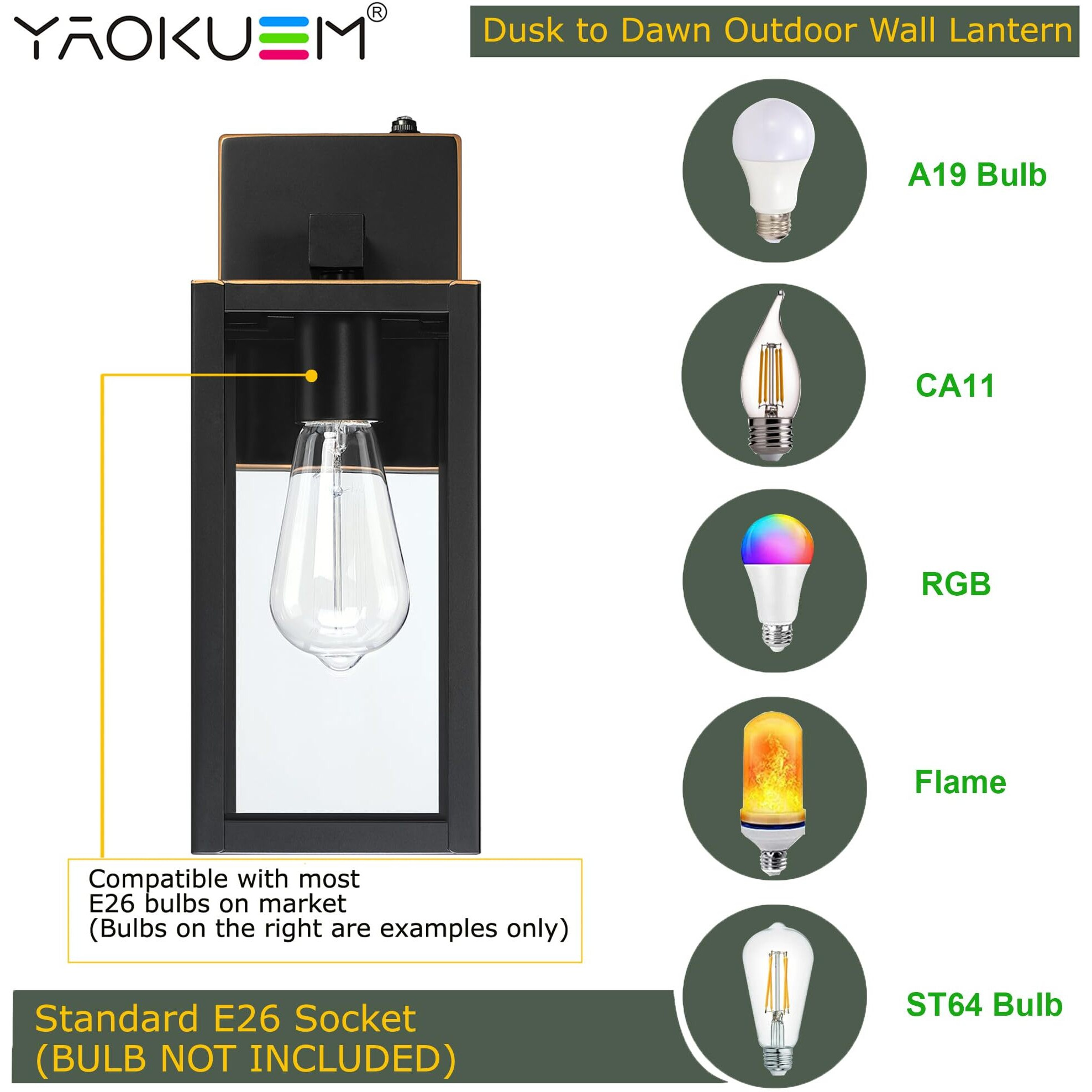 Yaokuem Dusk To Dawn Outdoor Wall Lantern, Photocell Sensor Wall Sconce As Porch Lighting Fixture, E26 Medium Base, Metal Housing Plus Glass, Bulbs Not Included, Oil Rubbed Bronze Finish, 2-Pack