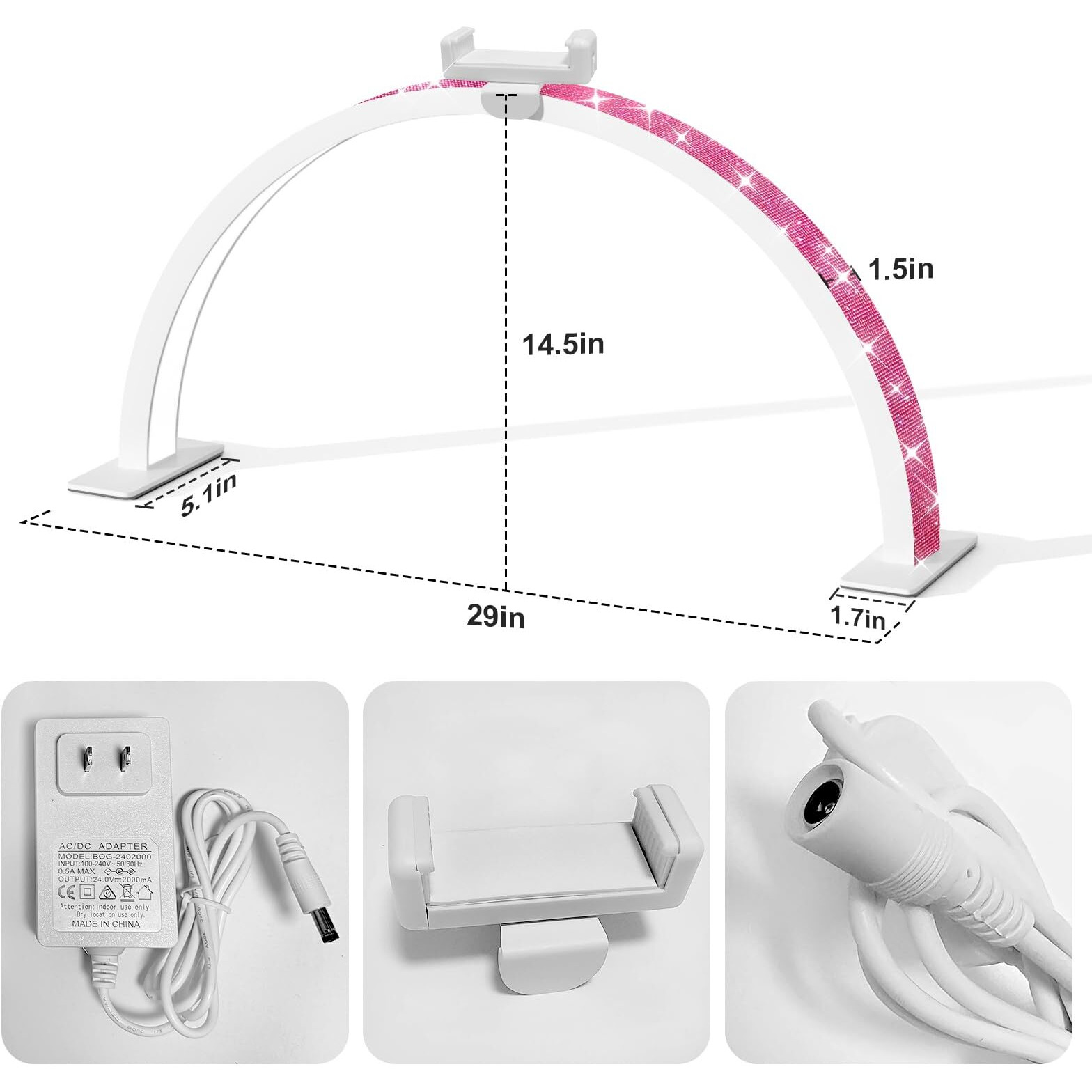 Ffkjdm Half Moon Light For Nail Desk - 29-Inch Led Nail Tech Lamp With Hands Pillow, Phone Holder,Dimmable Arch Design,48W Portable Manicure Light For Salon And Home Use(White-Pink Diamond)