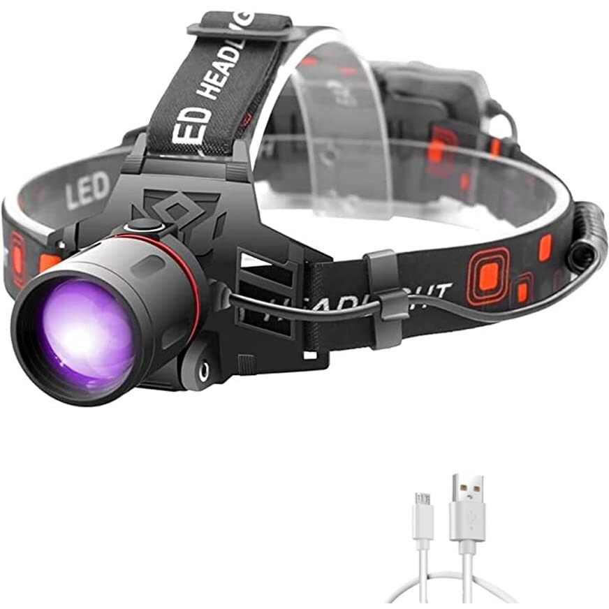 Proforus Headlamp Uv Light, Uv Led Black Light Headlamp 395Nm Ultra Violet Purple Light Headlight Rechargeable & Zoomable For Auto Oil Hvac Leaks, Detects Rock Hounds, Scorpions, Pet Urine Stains