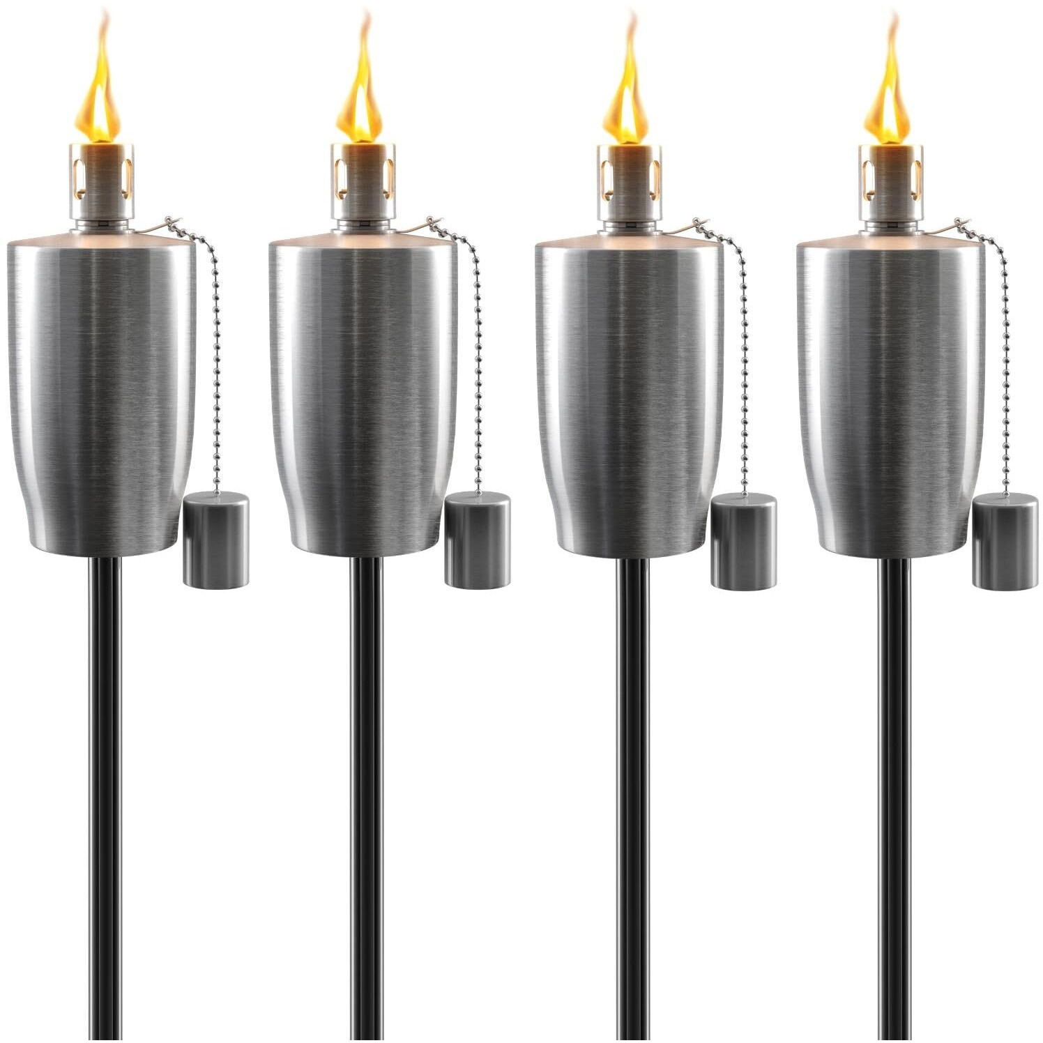 Matney Stainless Steel Outdoor Torches - Decorative Garden & Yard Lights - 5 Ft Oil Lamp For Citronella - Fiberglass Wick & Snuffer Cap - Set Of 4 (Cylinder)