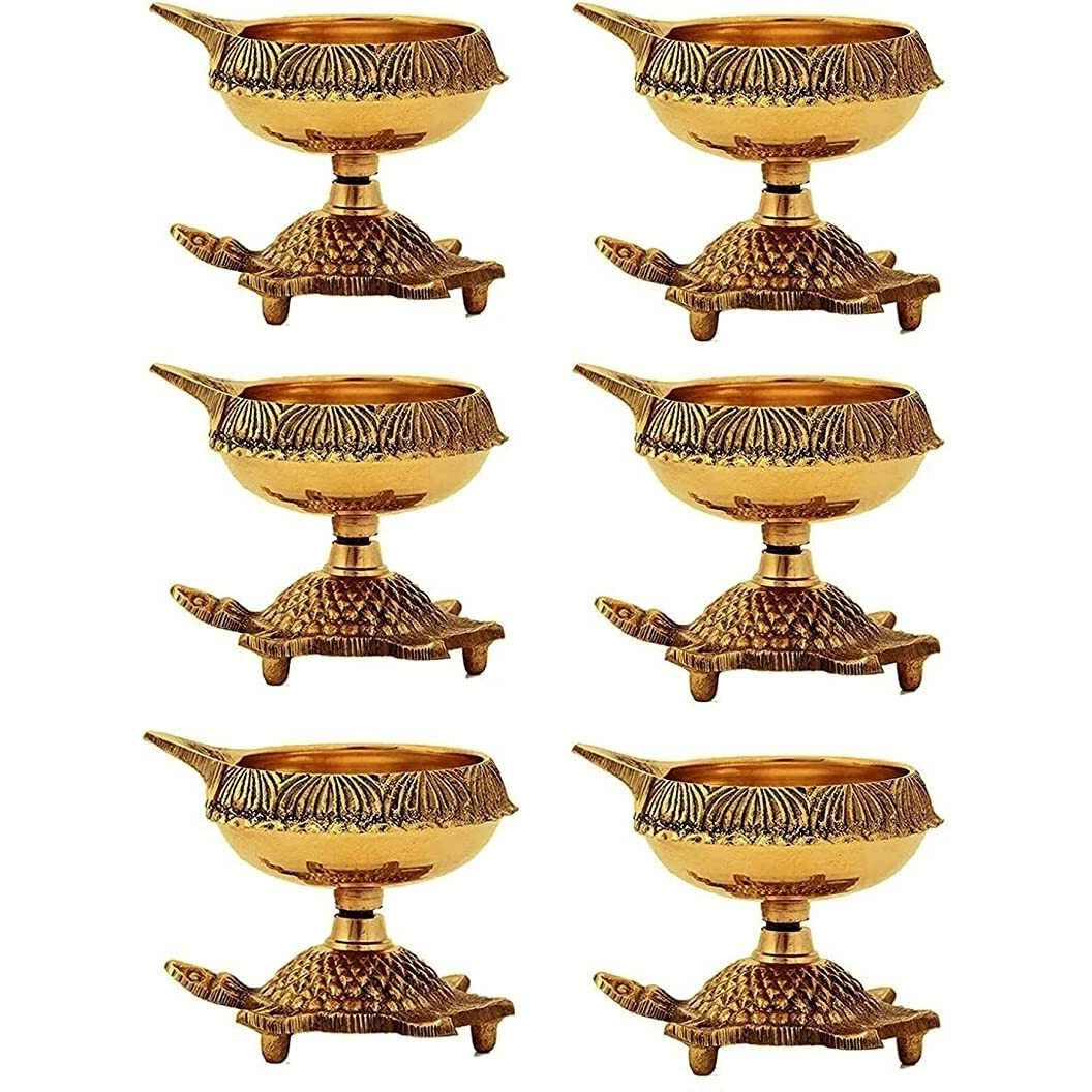 Satvik 6 Pc Brass Kuber Turtle Diya For Diwali Decoration Handmade Oil Lamp With Golden Engraved Virgin Brass Metal Diwali Diya Vilakku