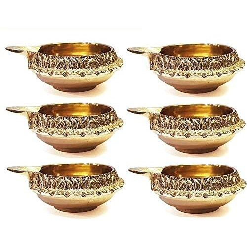Satvik 6 Pc Handmade Golden Engraved Kuber Diya Made Of Virgin Brass. Diwali Diya Vilakku For Puja Pooja. Traditional Indian Oil Lamp. Deepawali Decoration Gift Items