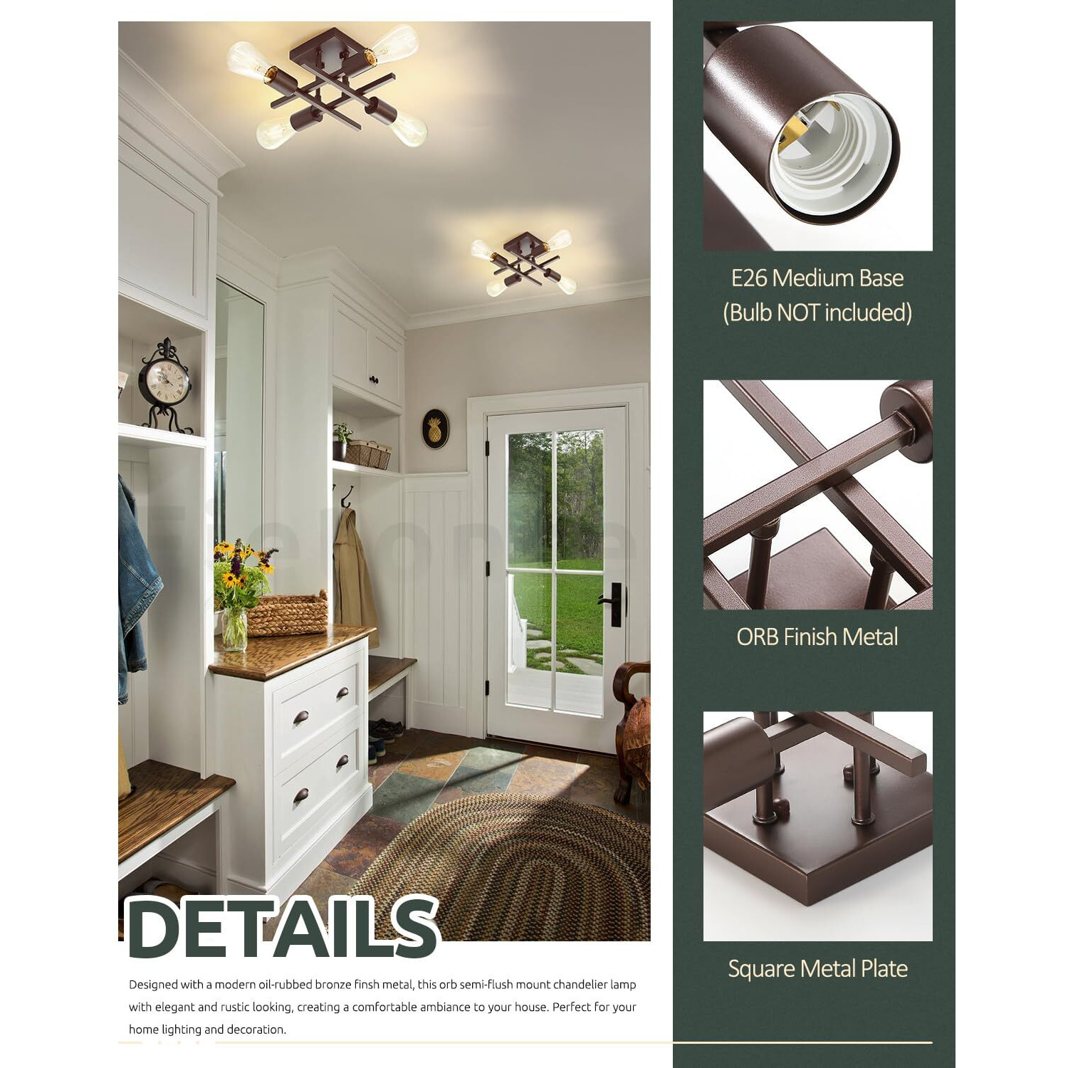 Eietonte Industrial 4-Light Semi Flush Mount Ceiling Light Fixture, Farmhouse Oil Rubbed Bronze Chandelier Lighting, Modern E26 Base Sputnik Ceiling Lamp For Kitchen Living Room Hallway Entryway