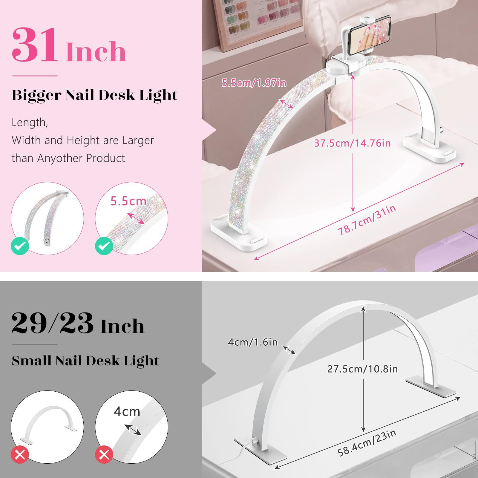 Lionvison Half Moon Light For Nail Desk 31-Inch Manicure Table Light With Phone Holder For Beginner Diy - 48W Professional Half Moon Lamp For Nail Tech,Eyelash,Makeup,Tattoo