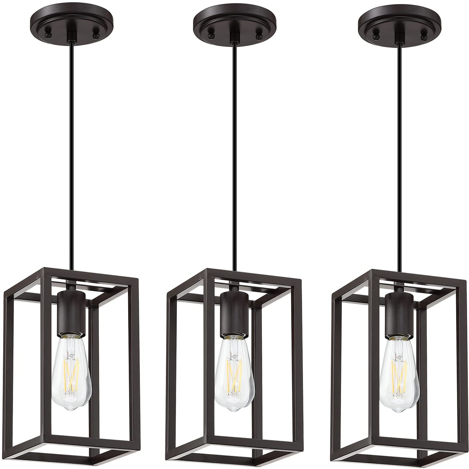Dolaimy House 3 Pack 1 Light Adjustable Rustic Farmhouse Pendant Light With Metal Cage Mini Pendant Lighting Fixture For Kitchen Island Cafe Bar Oil Rubbed Bronze Finish