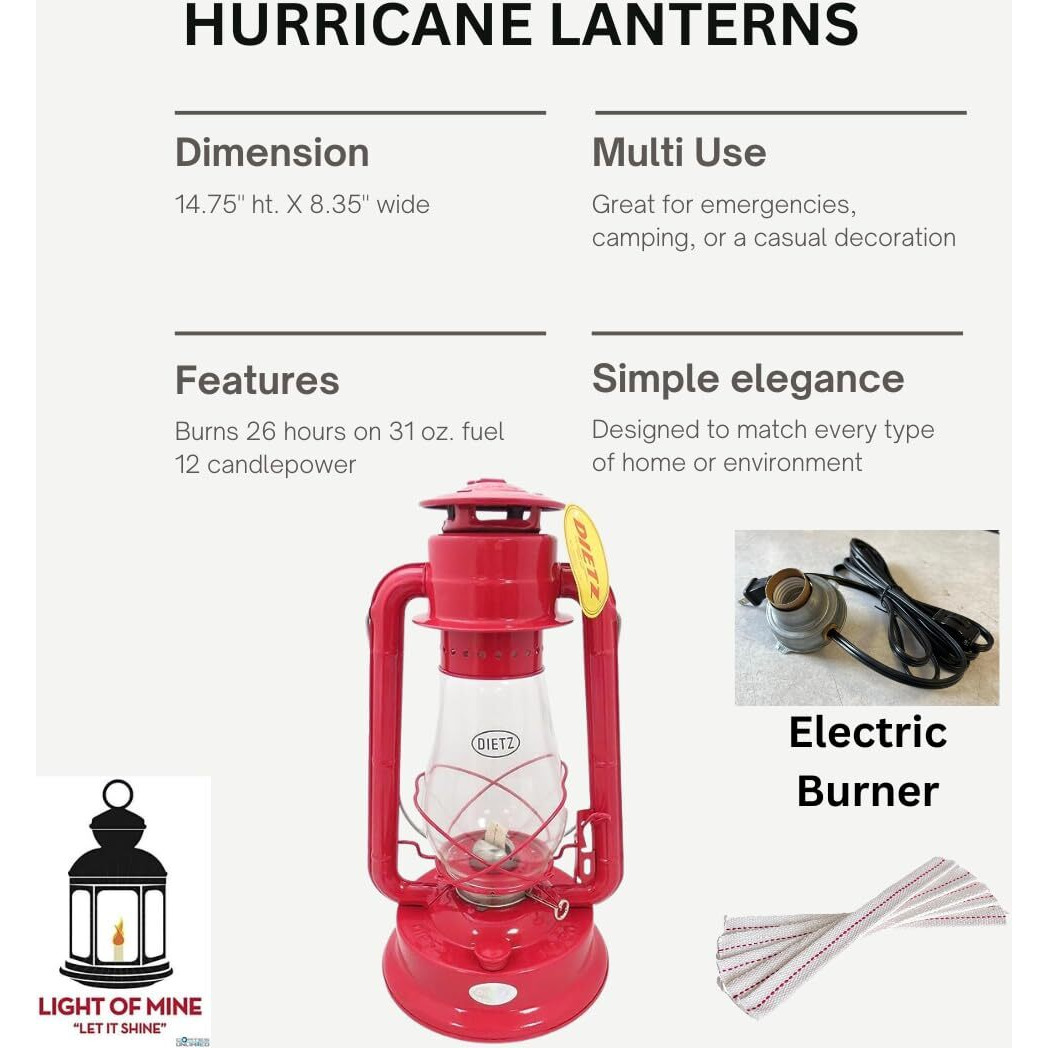 Light Of Mine - Dietz 80 Blizzard Oil Lantern With 7/8"" Replacement Wick Strips (Red With Electric Conversion Kit)