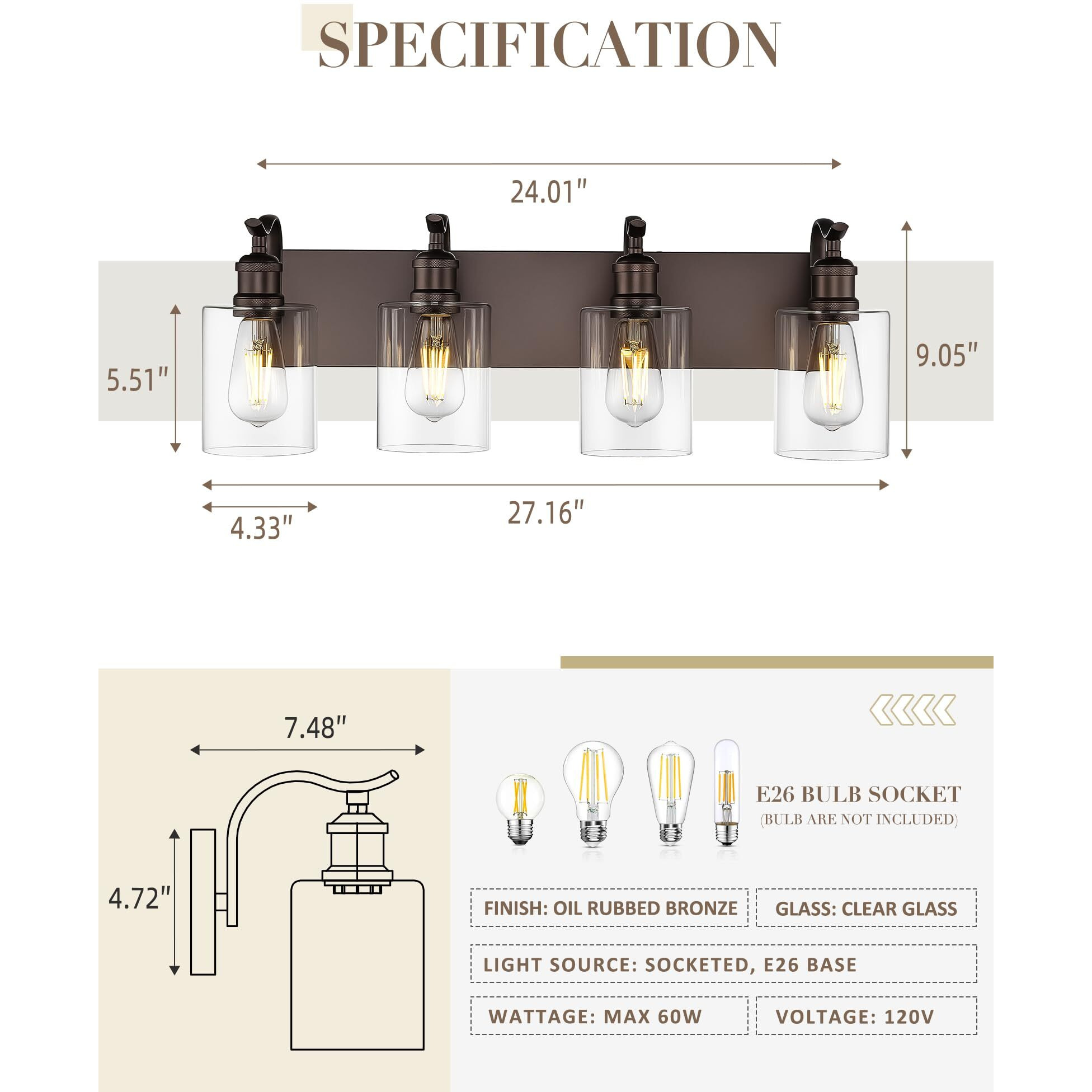 Jazava 4 Light Bathroom Vanity Light, Morden Bathroom Vanity Lights Over Mirror Oil Rubbed Bronze Wall Sconce Light With Clear Glass Shade Zcvl01Orb-4