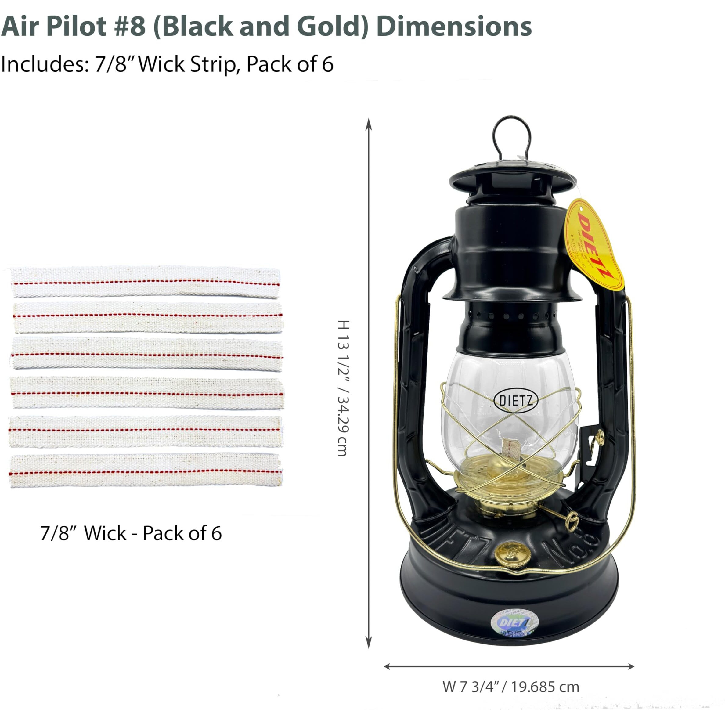 Light Of Mine - Dietz 08 Air Pilot Black With Gold Trim Oil Lantern With 7/8"" Replacement Wick Strips (Black With Gold Trim)