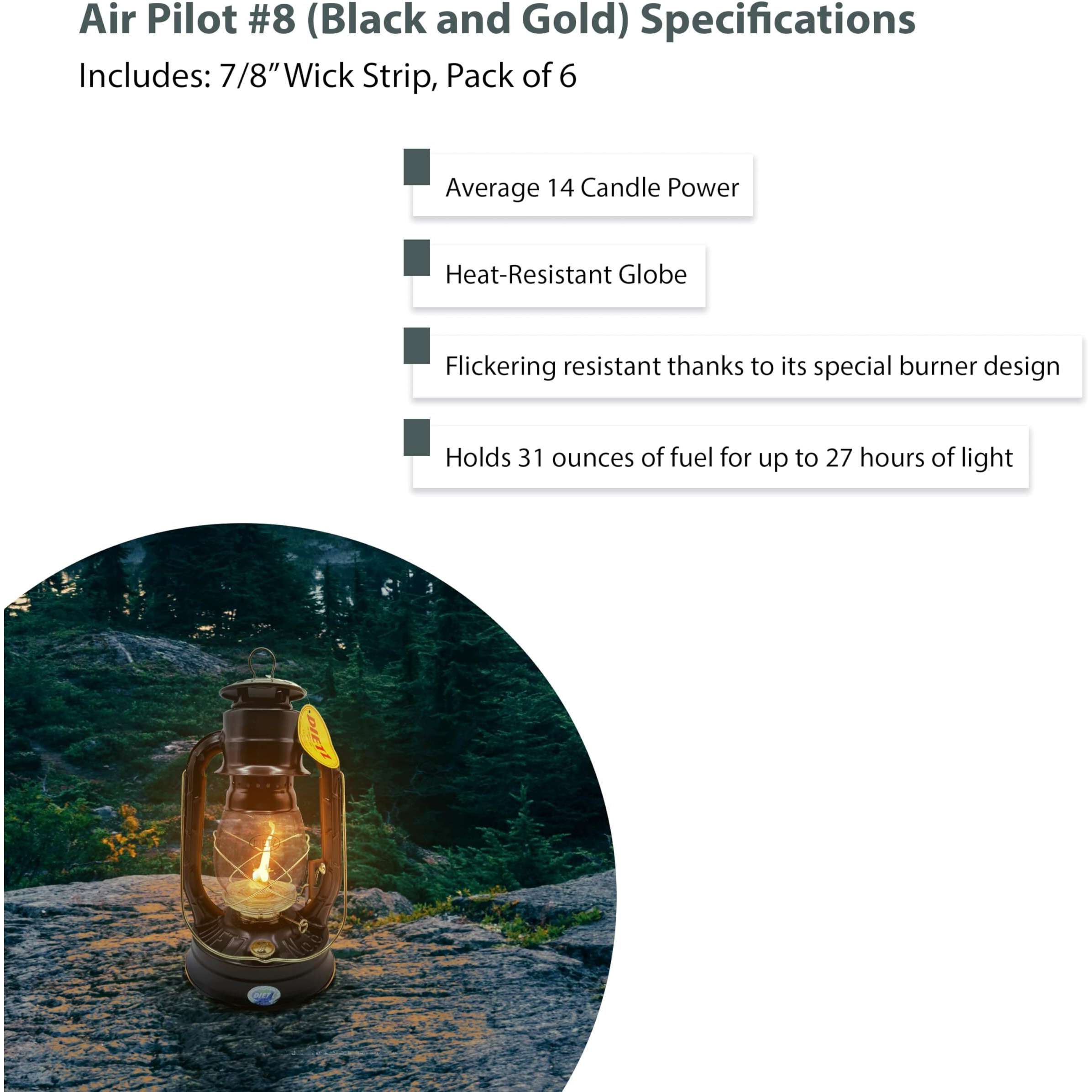 Light Of Mine - Dietz 08 Air Pilot Black With Gold Trim Oil Lantern With 7/8"" Replacement Wick Strips (Black With Gold Trim)
