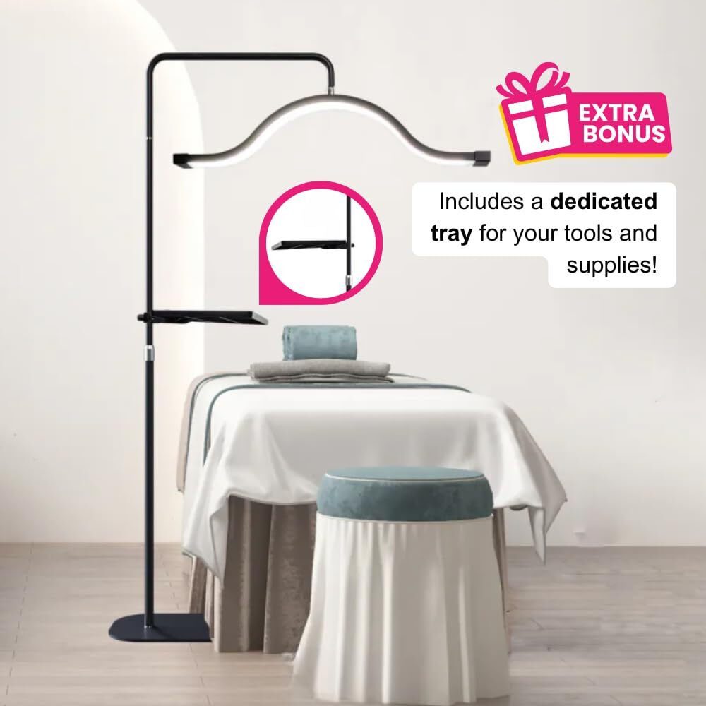 Atlas View Adjustable Half Moon Led Floor Lamp - Dimmable Touch Control Lamp With Rotatable Halo Design & Stable Base - Eyelash Light For Permanent Makeup & Content Creation With Phone Holder (Black)
