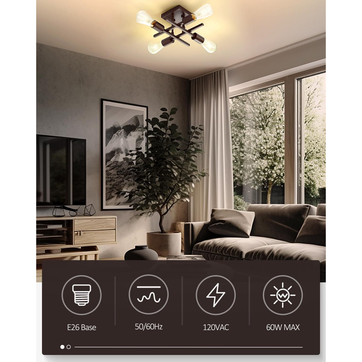 Eidonta Industrial 4-Light Semi Flush Mount Ceiling Light Fixture, Modern Oil Rubbed Bronze Chandelier Lighting, Farmhouse Sputnik Ceiling Lamp With E26 Bulb Base For Living Room Hallway, 2 Pack