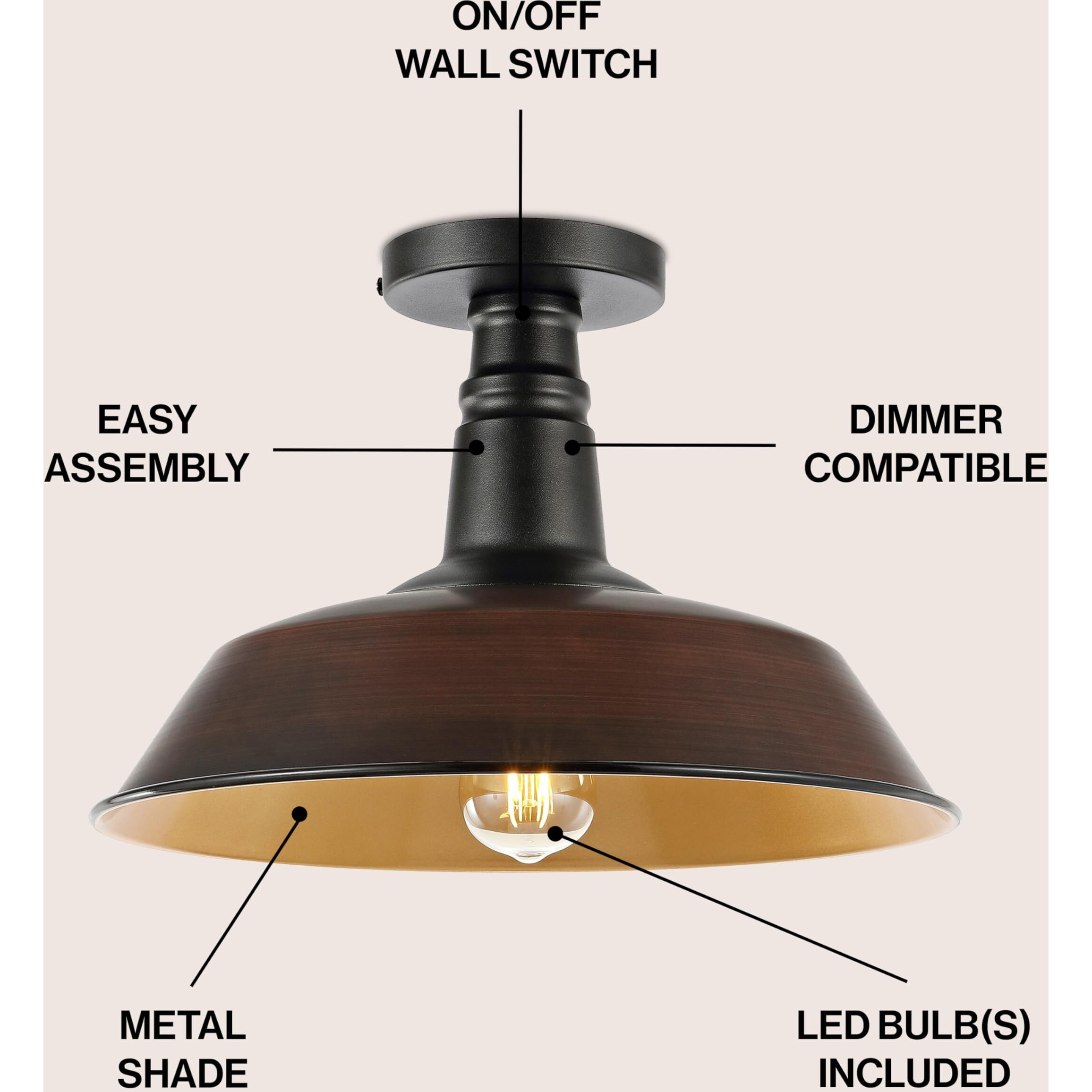 Jonathan Y Jyl7617G Camila 14"" 1-Light Classic Industrial Indoor/Outdoor Iron Led Semi Flush Mount Mid-Century, Rustic 2700K Cozy Warm Light Kitchen Hallway Bathroom Stairwell,Oil Rubbed Bronze/Copper