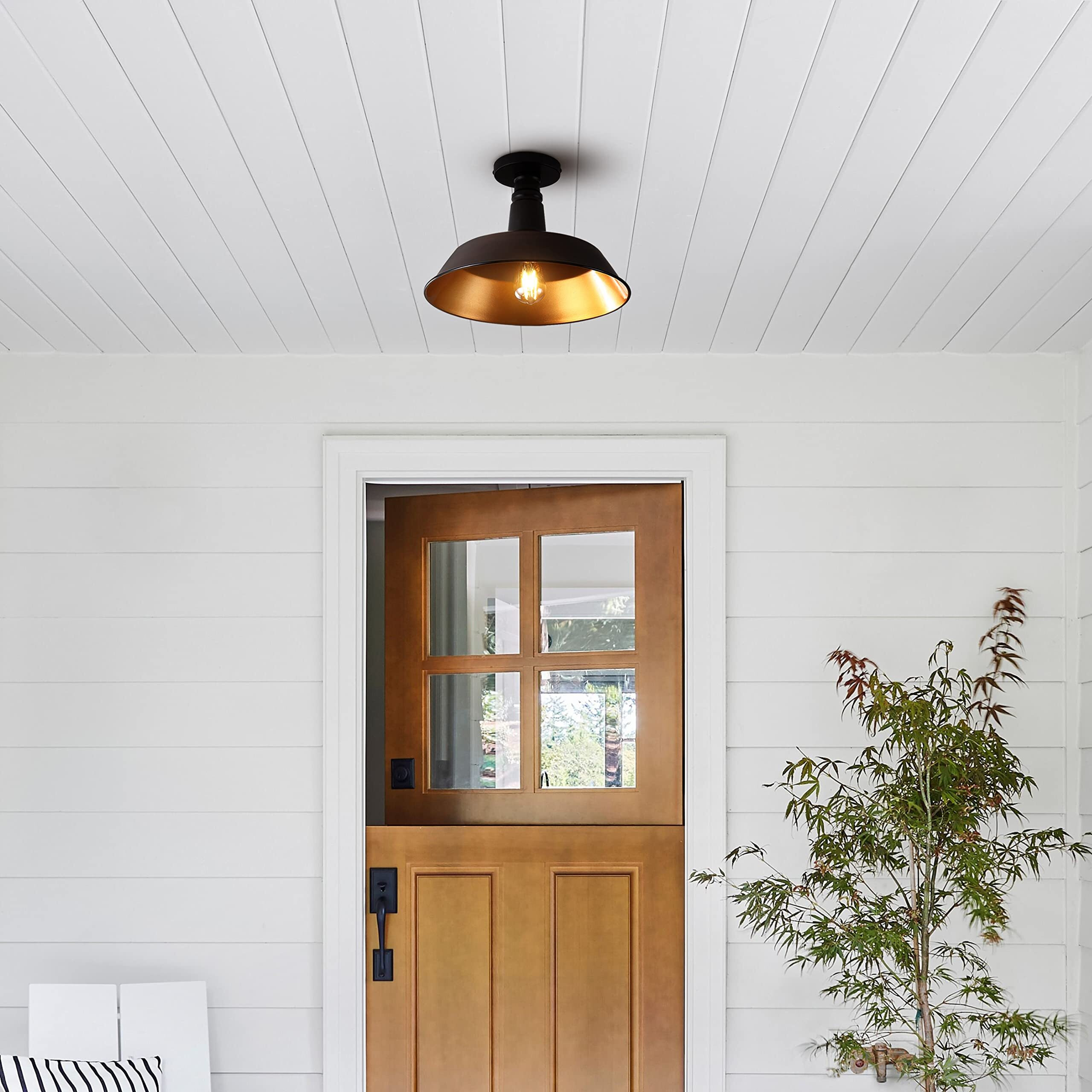 Jonathan Y Jyl7617G Camila 14"" 1-Light Classic Industrial Indoor/Outdoor Iron Led Semi Flush Mount Mid-Century, Rustic 2700K Cozy Warm Light Kitchen Hallway Bathroom Stairwell,Oil Rubbed Bronze/Copper