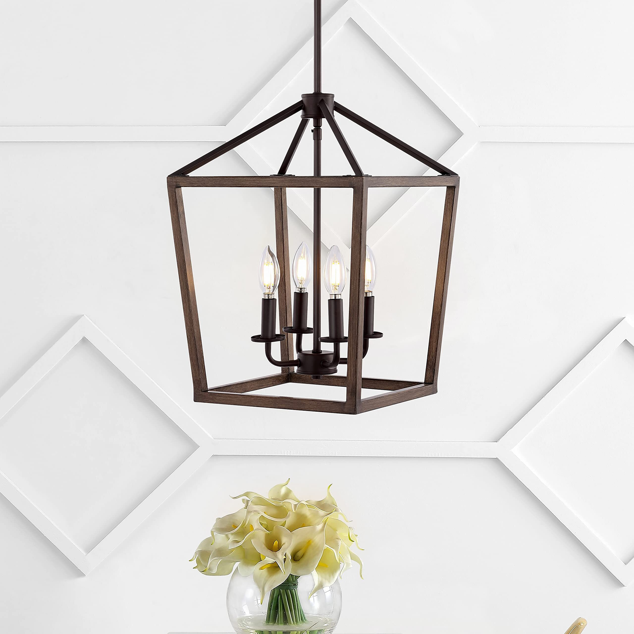 Jonathan Y Jyl1322A Pagoda 13"" 4-Light Iron Farmhouse Industrial Lantern Led Pendant, Rustic, Bohemian, Coastal, For Dining Room, Kitchen, Living Room, Oil Rubbed Bronze/Faux Wood
