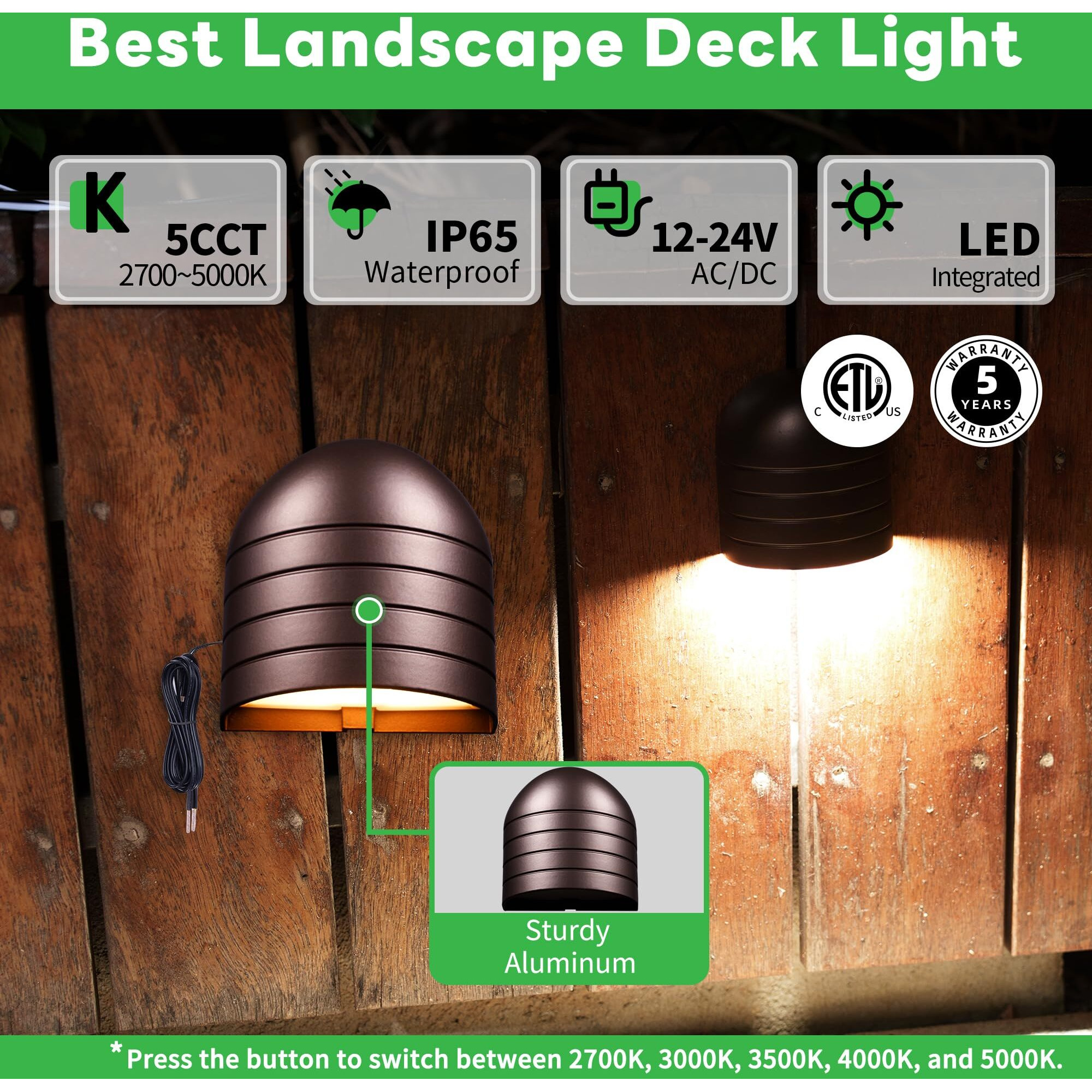 Varmtalys Low Voltage Deck Light - 12V Led Step Light Outdoor, 2700K/3000K/3500K/4000K/5000K Adjustable, Ip65 Waterproof Hardwired Aluminum Lighting Oil-Rubbed Bronze For Yard Fence Handrail Wall