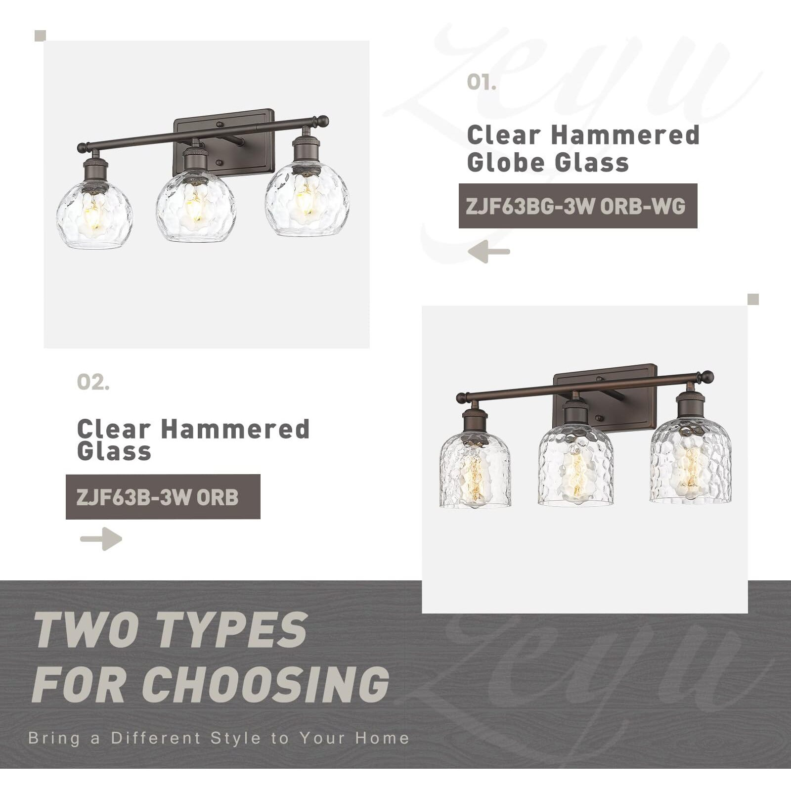 Zeyu Farmhouse 3 Light Vanity Lighting, 21.4'' Bathroom Mirror Wall Light, Oil Rubbed Bronze Finish With Clear Hammered Globe Glass, Zjf63Bg-3W Orb-Wg