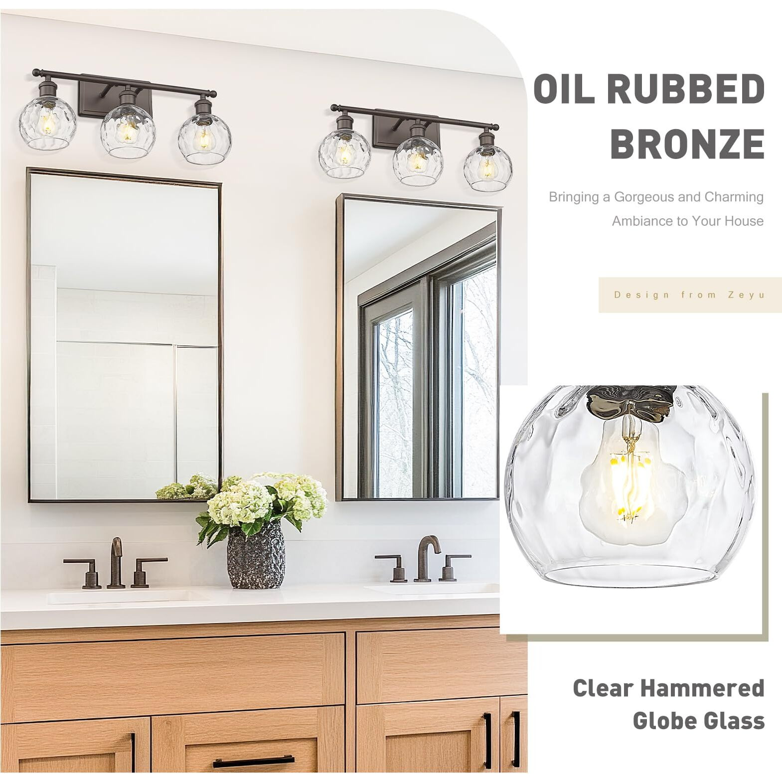Zeyu Farmhouse 3 Light Vanity Lighting, 21.4'' Bathroom Mirror Wall Light, Oil Rubbed Bronze Finish With Clear Hammered Globe Glass, Zjf63Bg-3W Orb-Wg