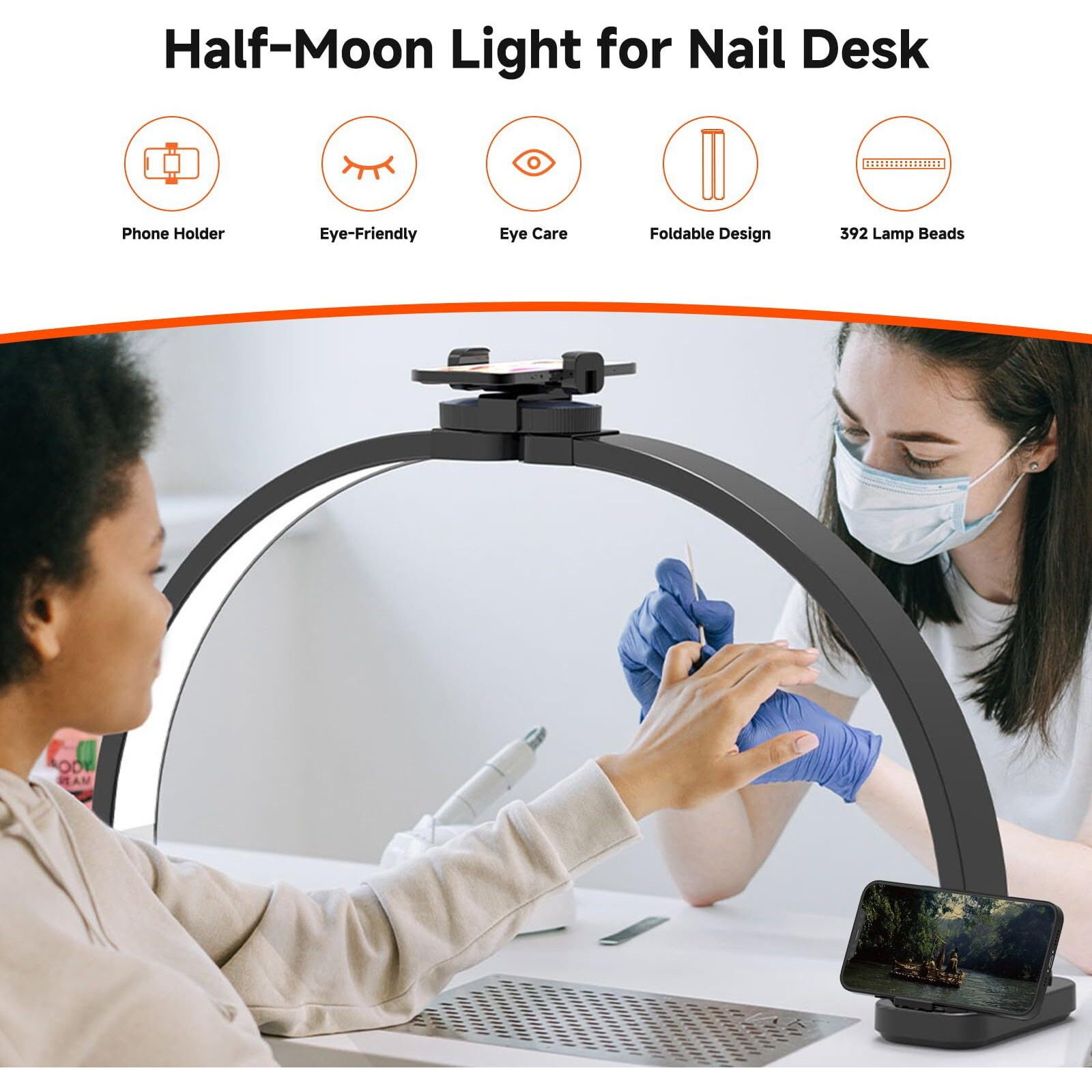 Welinspift 45W Half Moon Nail Desk Light With Phone Holder, 30 Foldable Dimmable Led Arch Lamp - 3000K-6500K Stepless Dimming & No Dark Zones For Beauty