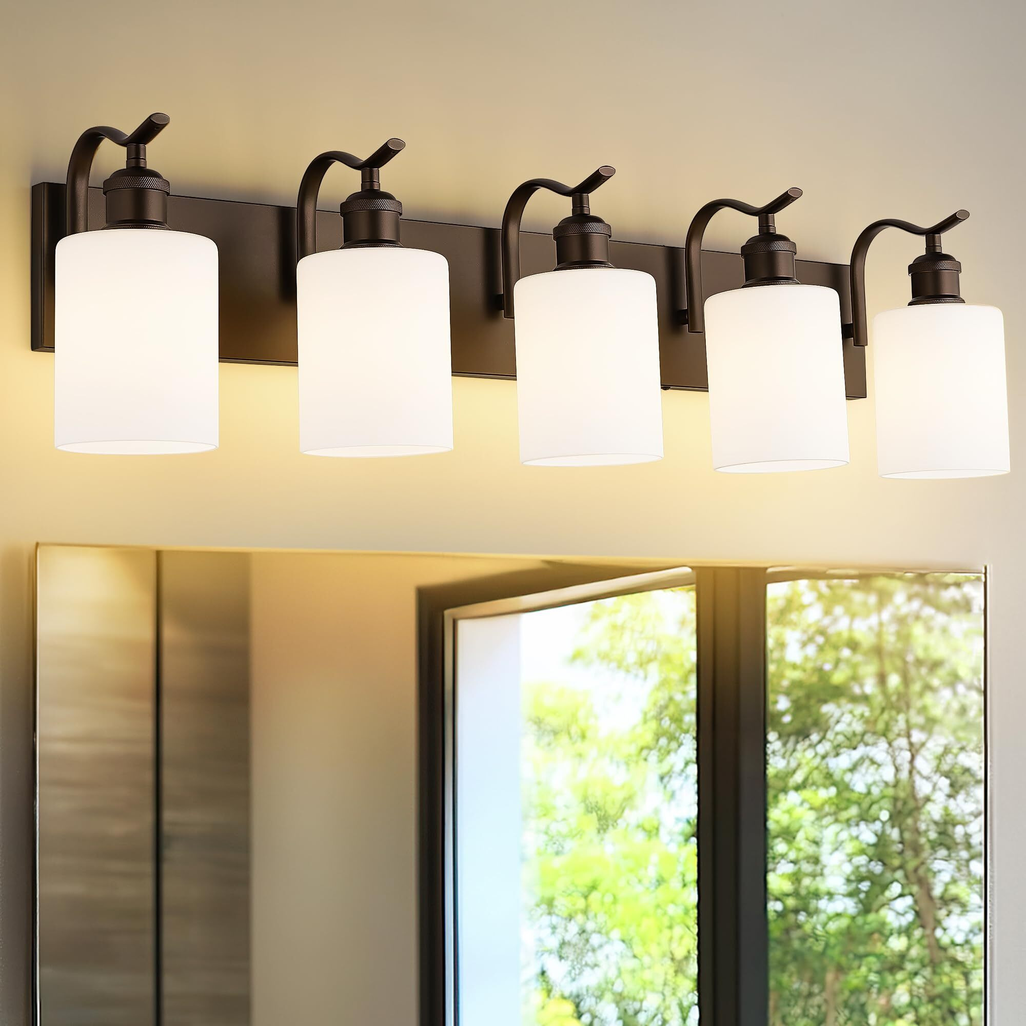 Jazava 5 Light Bathroom Vanity Light, Morden Vanity Lighting Fixtures Over Mirror Oil Rubbed Bronze Bathroom Wall Sconce With Milky White Frosted Shade Zcvl01Orbw-5
