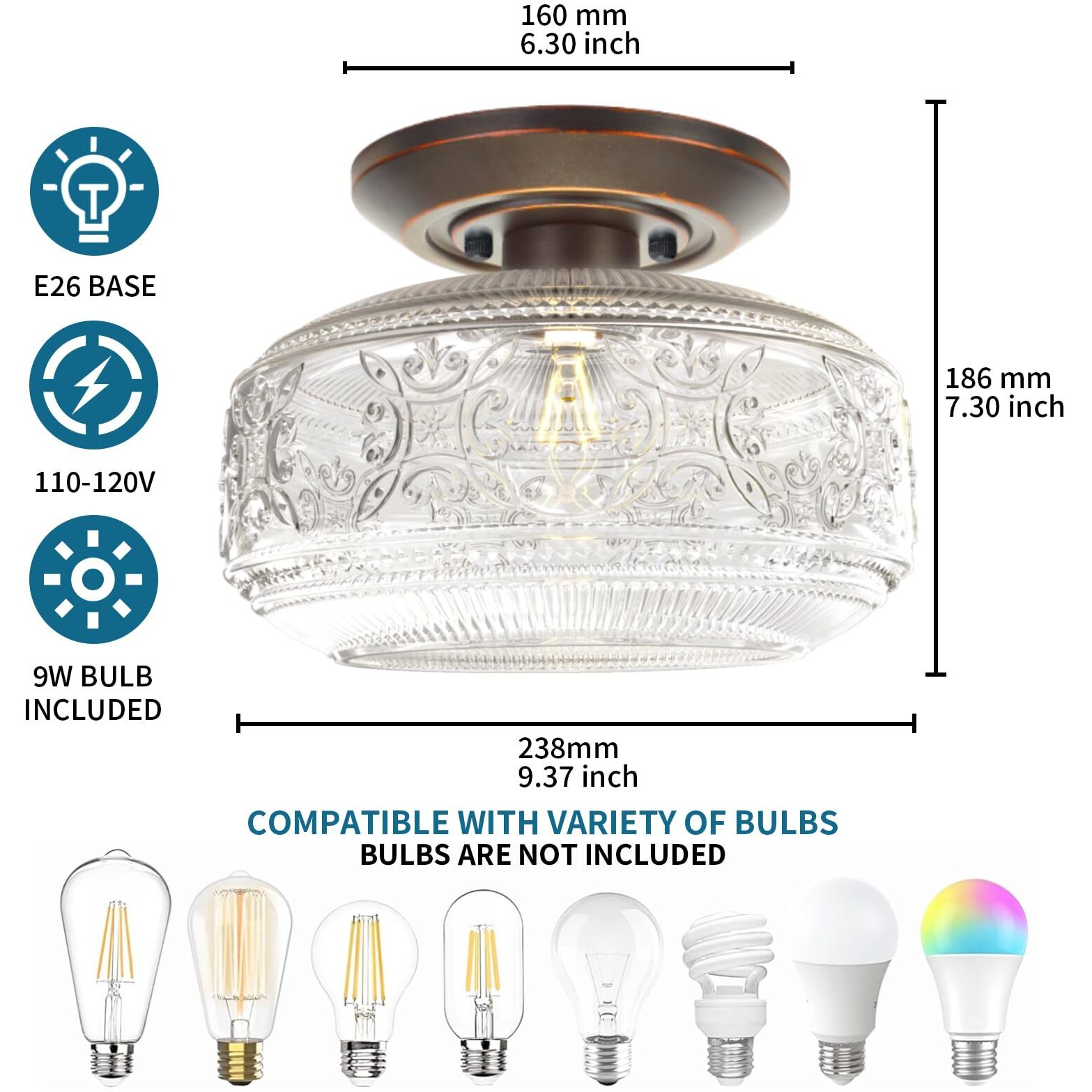 Knlnny Ware Oil Rubbed Bronze Flush Mount Ceiling Light With Classical Glass Shade, Ceiling Light Fixture For Hallway Porch Corridor Kitchen Bedroom, 4000K, 9W Bulb Included,9 Inch