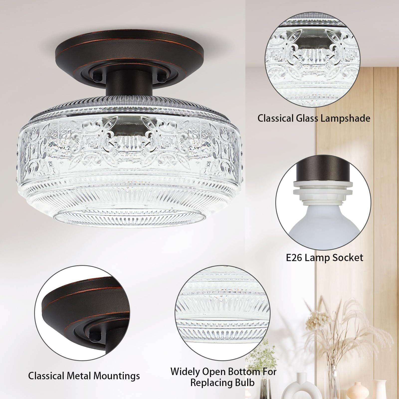 Knlnny Ware Oil Rubbed Bronze Flush Mount Ceiling Light With Classical Glass Shade, Ceiling Light Fixture For Hallway Porch Corridor Kitchen Bedroom, 4000K, 9W Bulb Included,9 Inch