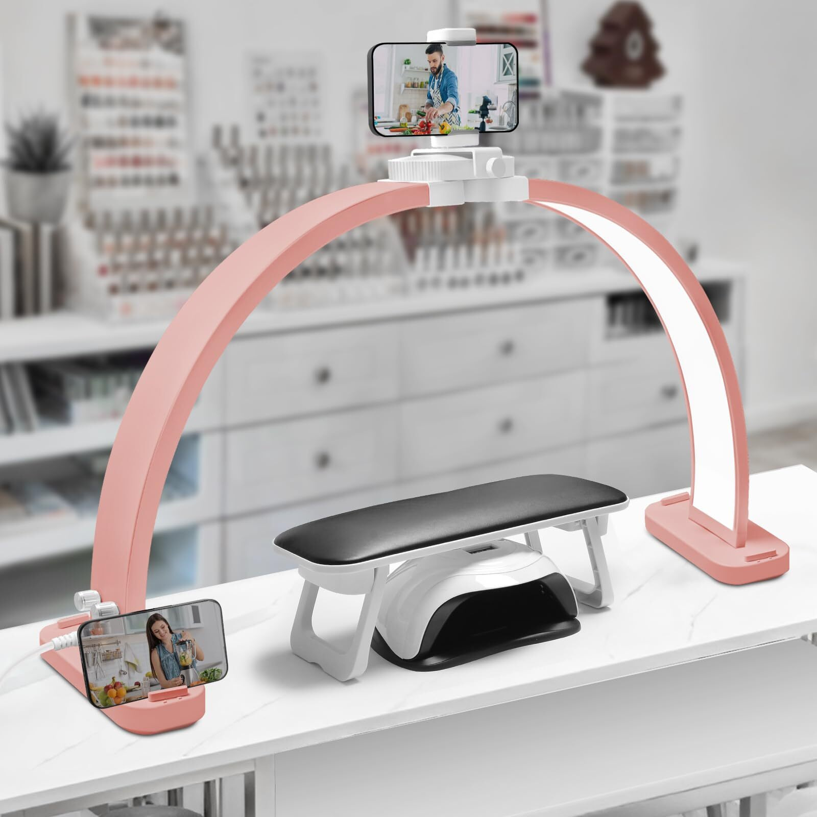 Cgbe Half Moon Light For Nail Desk With Phone Holder, Extra Large 30In 45W Nail Tech Light, Nail Table Lamp With 3 Color Modes & 10 Brightness For Nails, Beauty, Eyelashes, Tattoos (Pink)