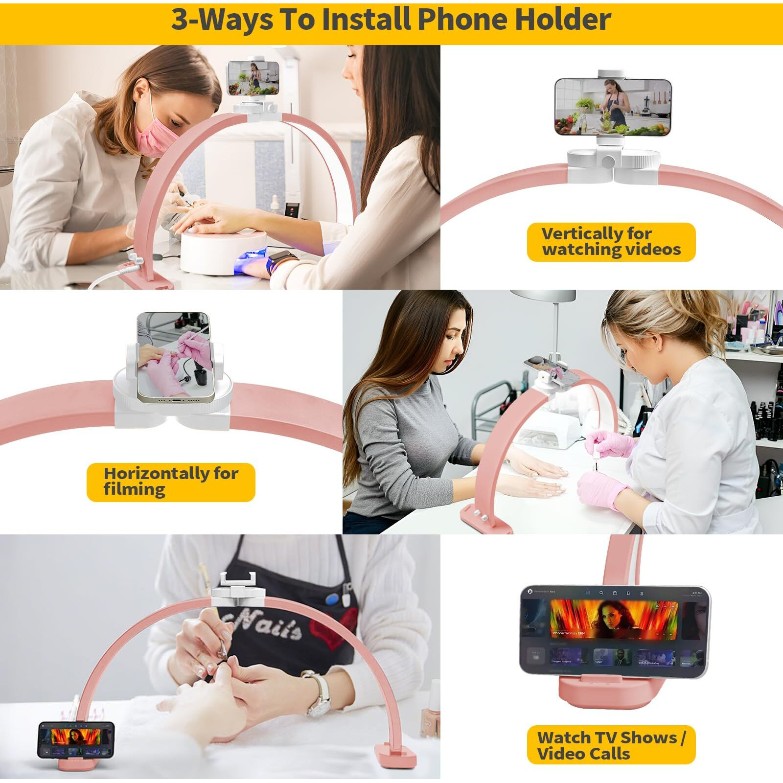 Cgbe Half Moon Light For Nail Desk With Phone Holder, Extra Large 30In 45W Nail Tech Light, Nail Table Lamp With 3 Color Modes & 10 Brightness For Nails, Beauty, Eyelashes, Tattoos (Pink)