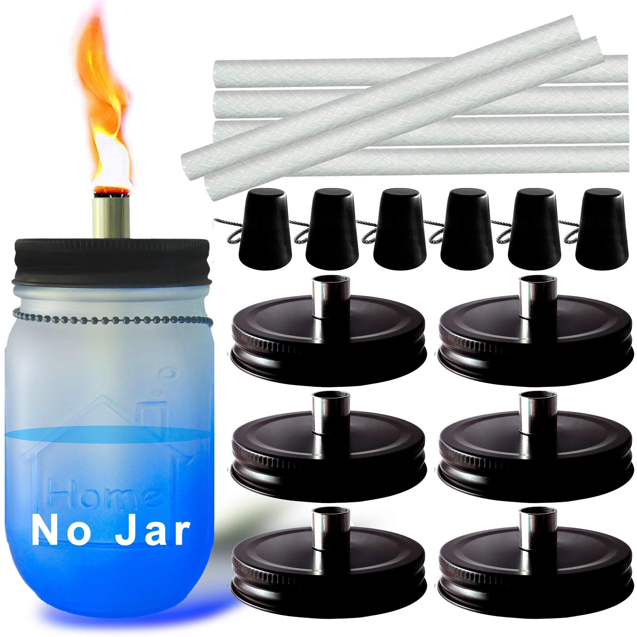 Mason Jar Tabletop Torches Kits,6 Pack Regular Mouth Lids With Protective Tube,Long Life Fiberglass Wicks And Caps,Outdoor Oil Lamp Lights For Patio Garden Camping Decor(Black)