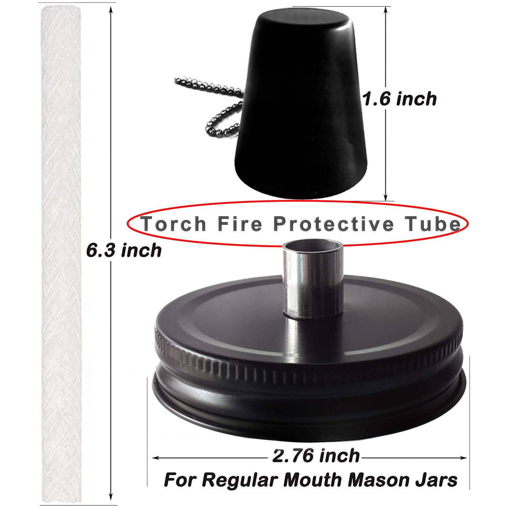 Mason Jar Tabletop Torches Kits,6 Pack Regular Mouth Lids With Protective Tube,Long Life Fiberglass Wicks And Caps,Outdoor Oil Lamp Lights For Patio Garden Camping Decor(Black)